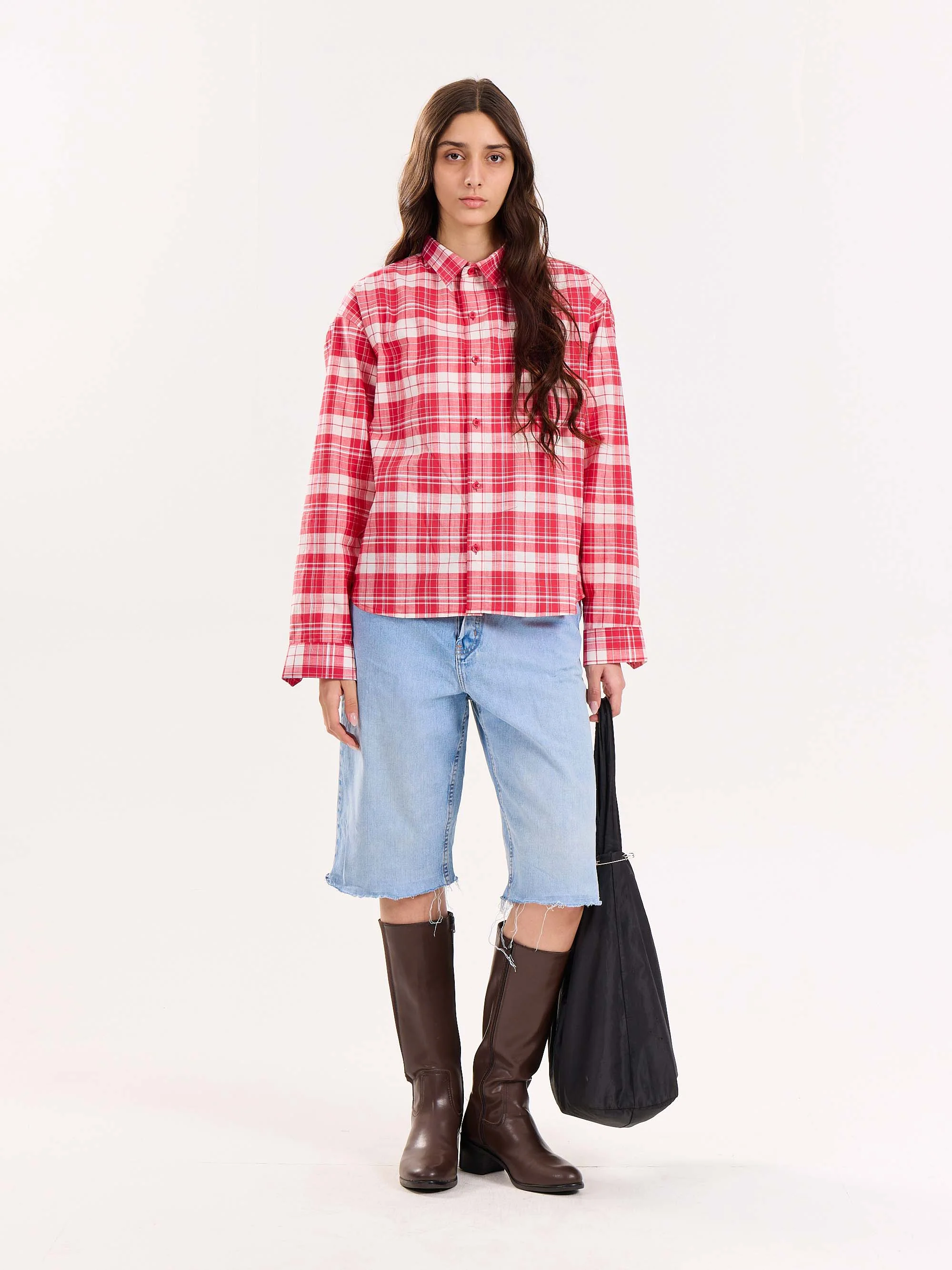 Red Checkered Poplin Cropped Shirt - Image 3