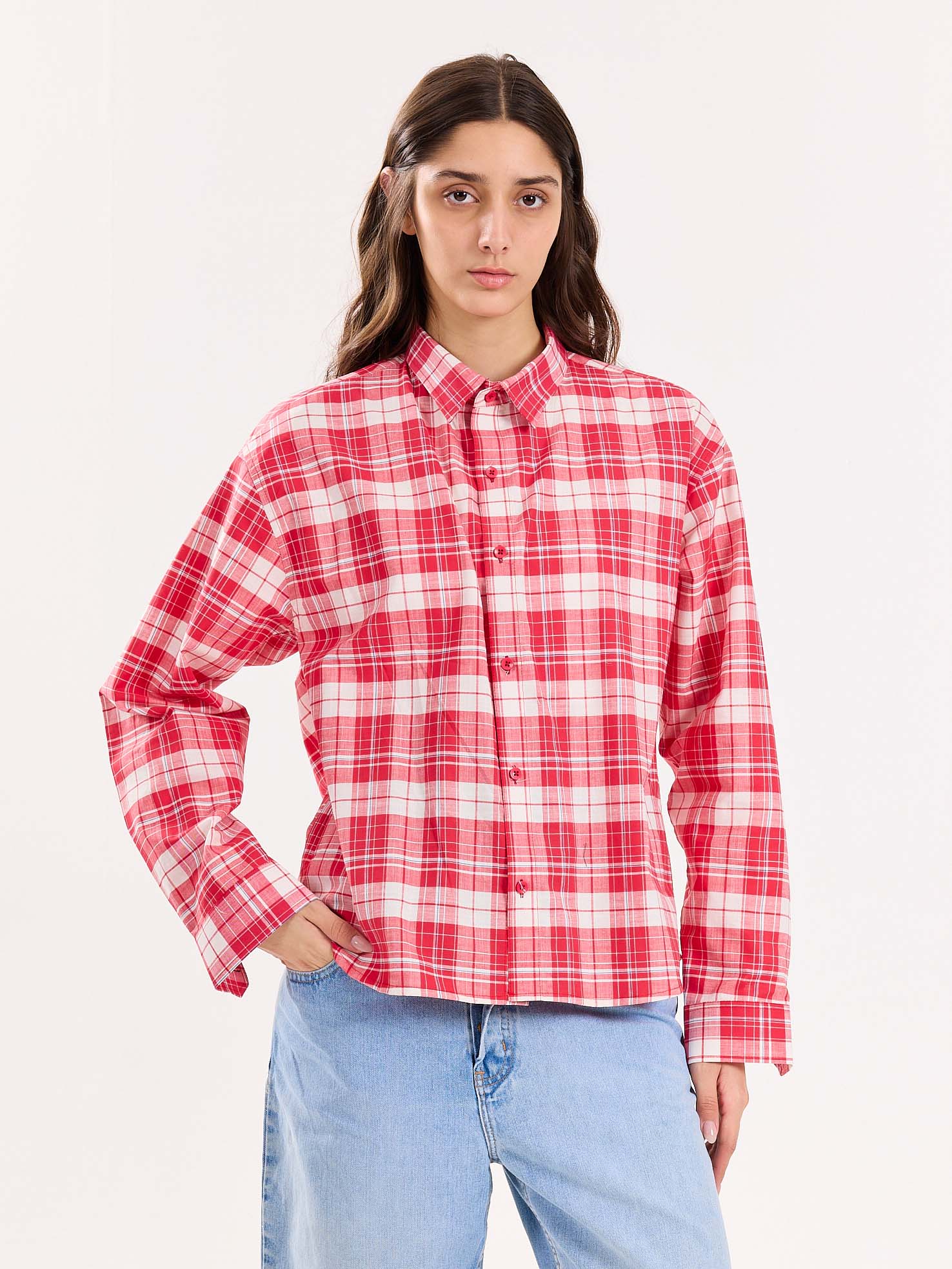 Red Checkered Poplin Cropped Shirt - Image 4