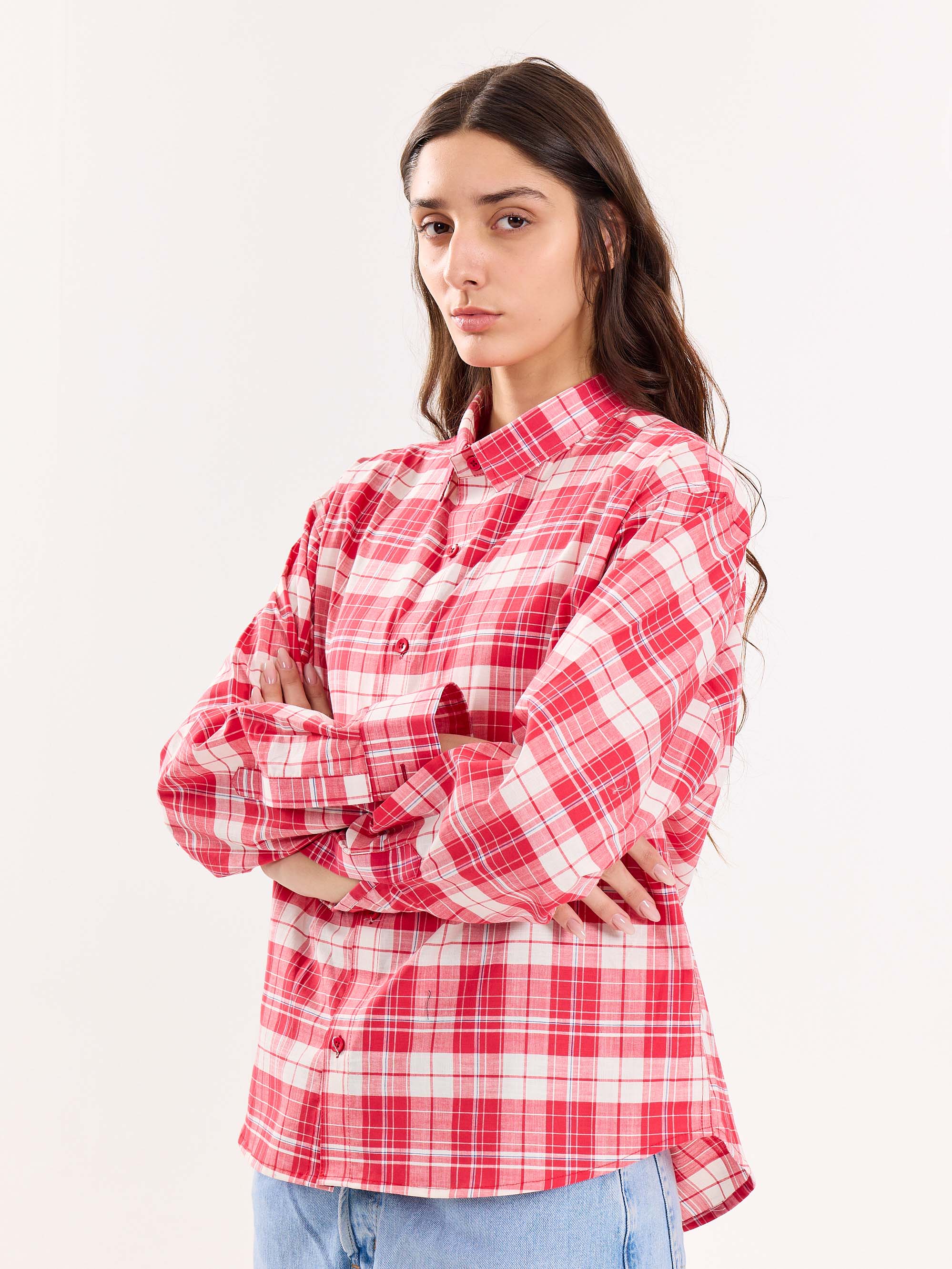 Red Checkered Poplin Cropped Shirt - Image 6