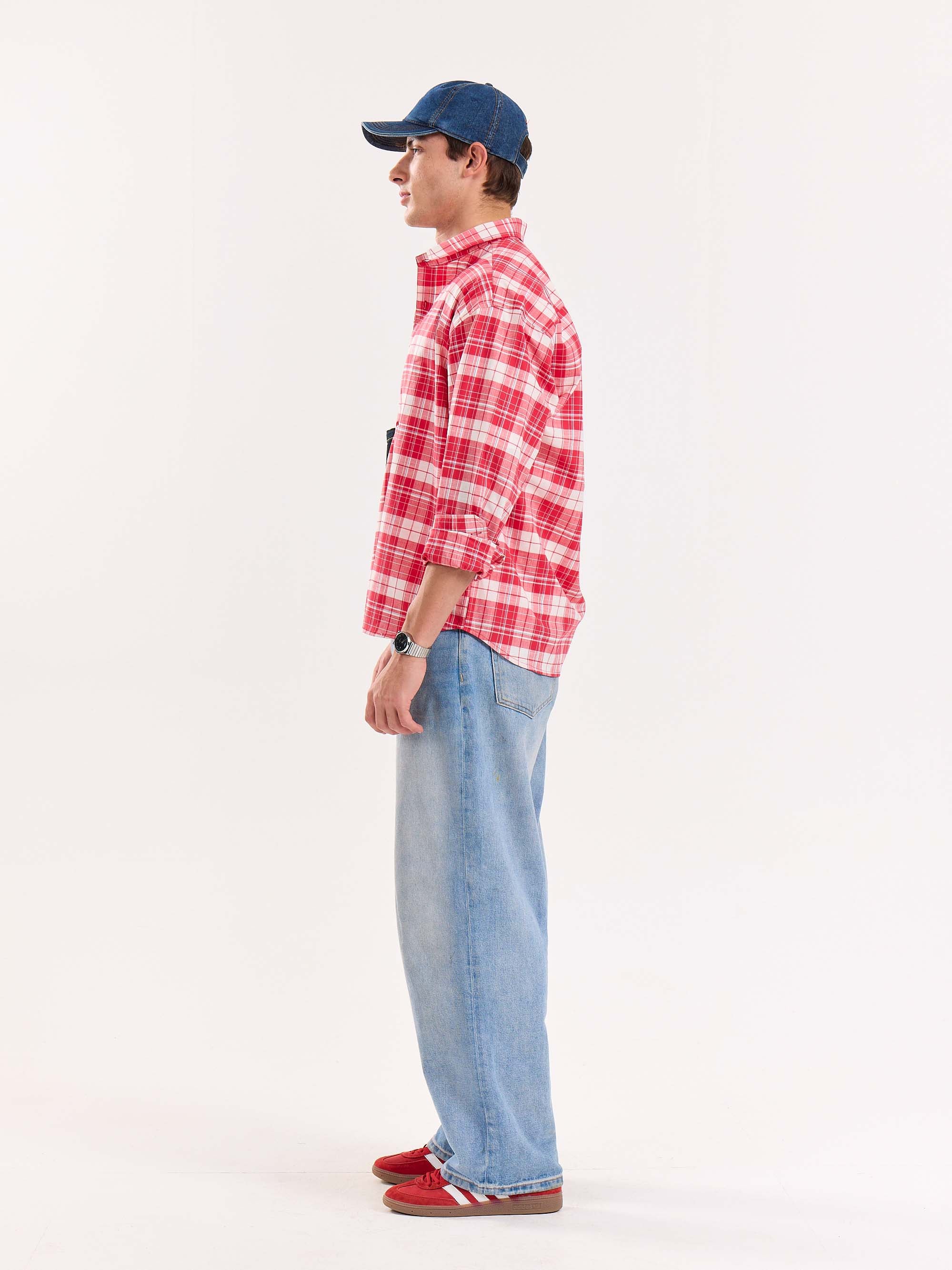 Red Checkered Poplin Cropped Shirt - Image 7