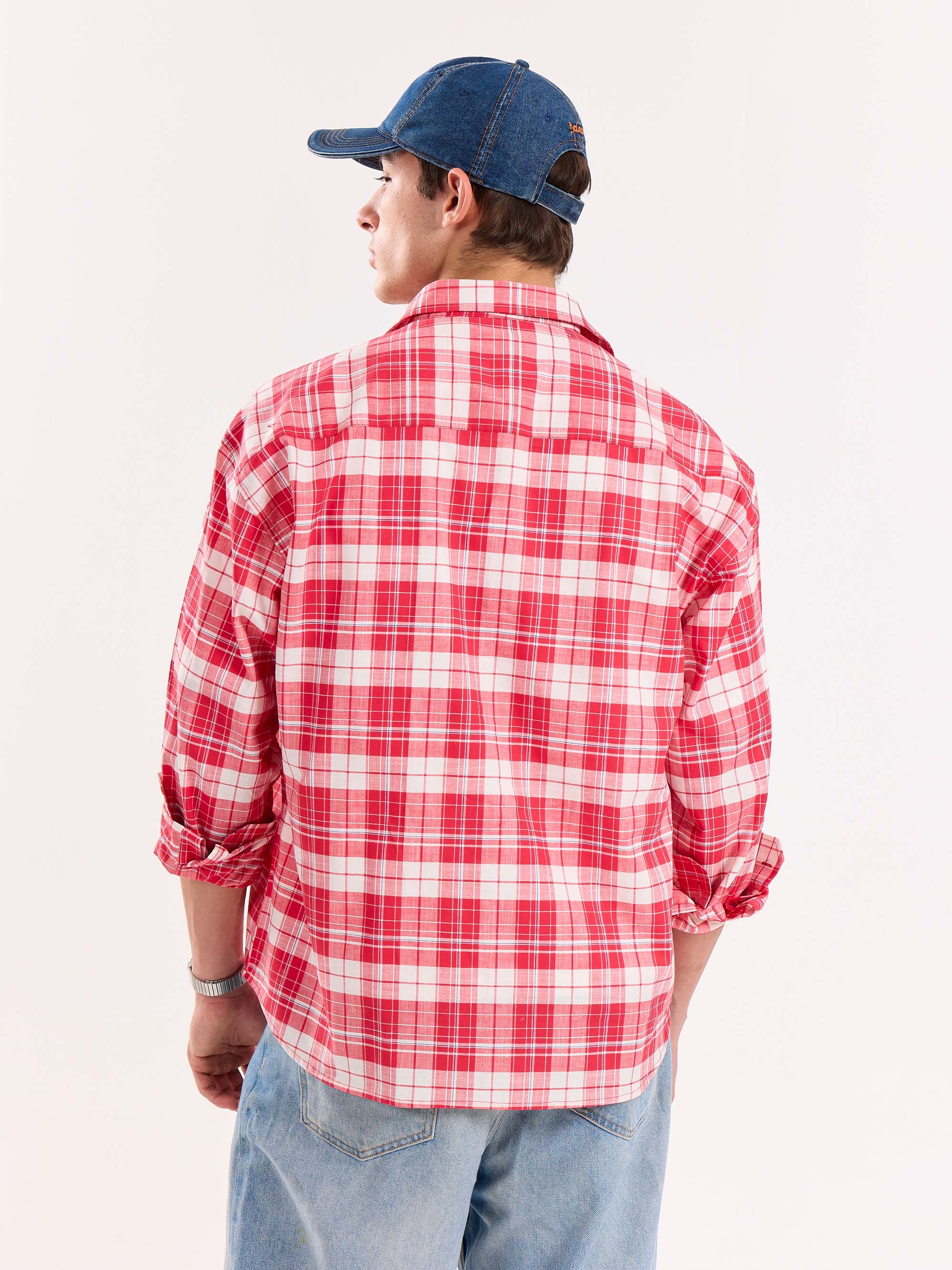 Red Checkered Poplin Cropped Shirt - Image 8