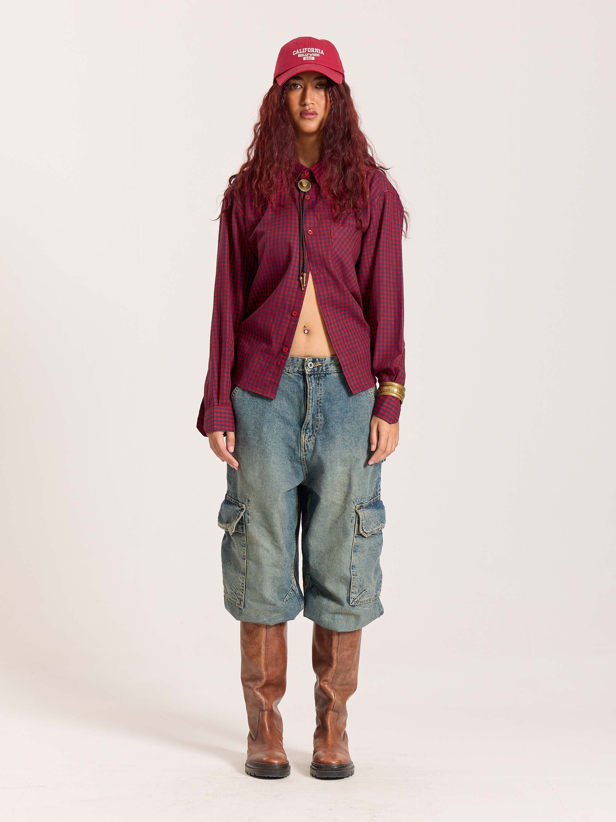 Red & Navy Checkered Oversized Cropped Shirt - Image 2