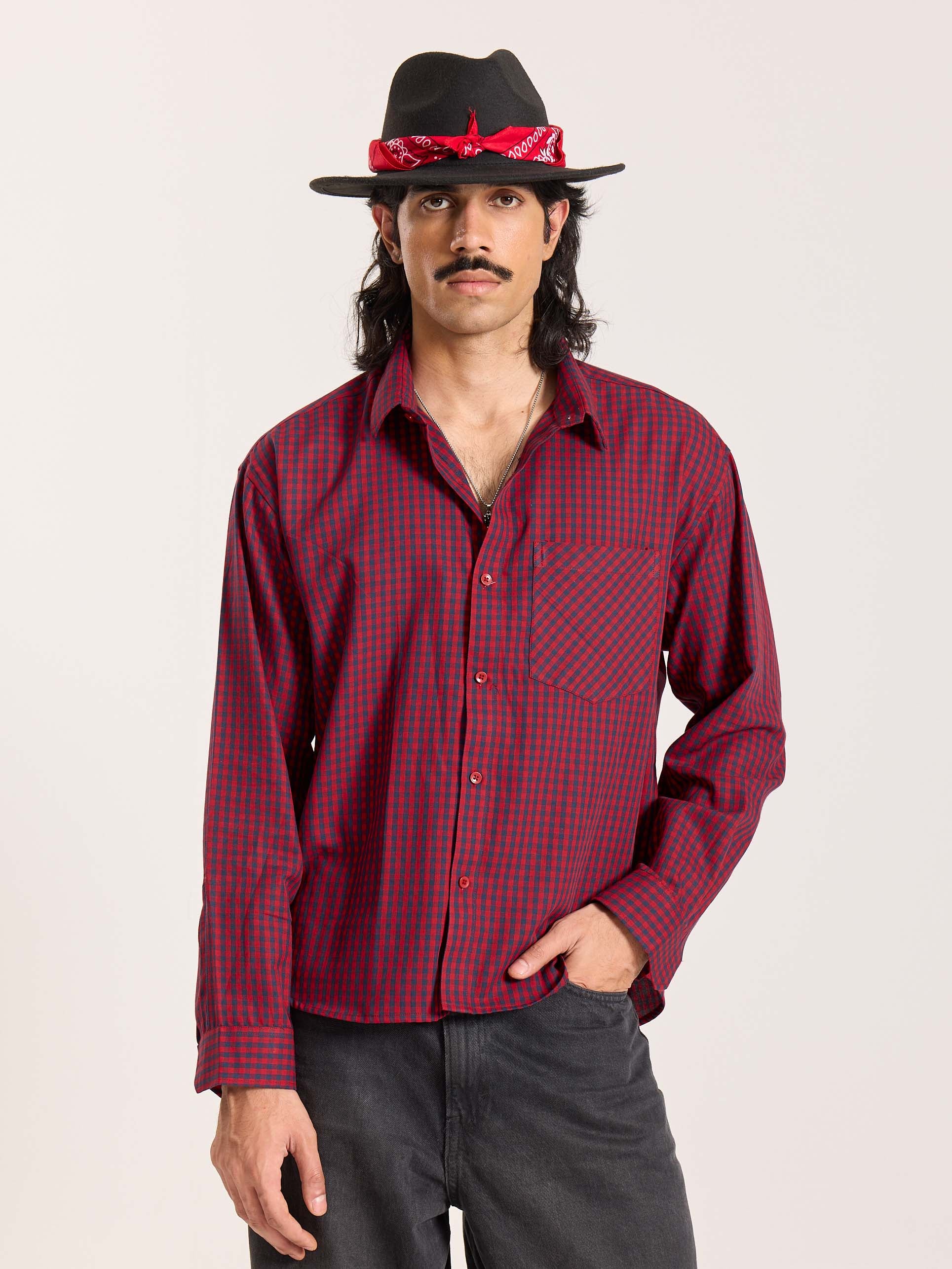 Red & Navy Checkered Oversized Cropped Shirt - Image 3