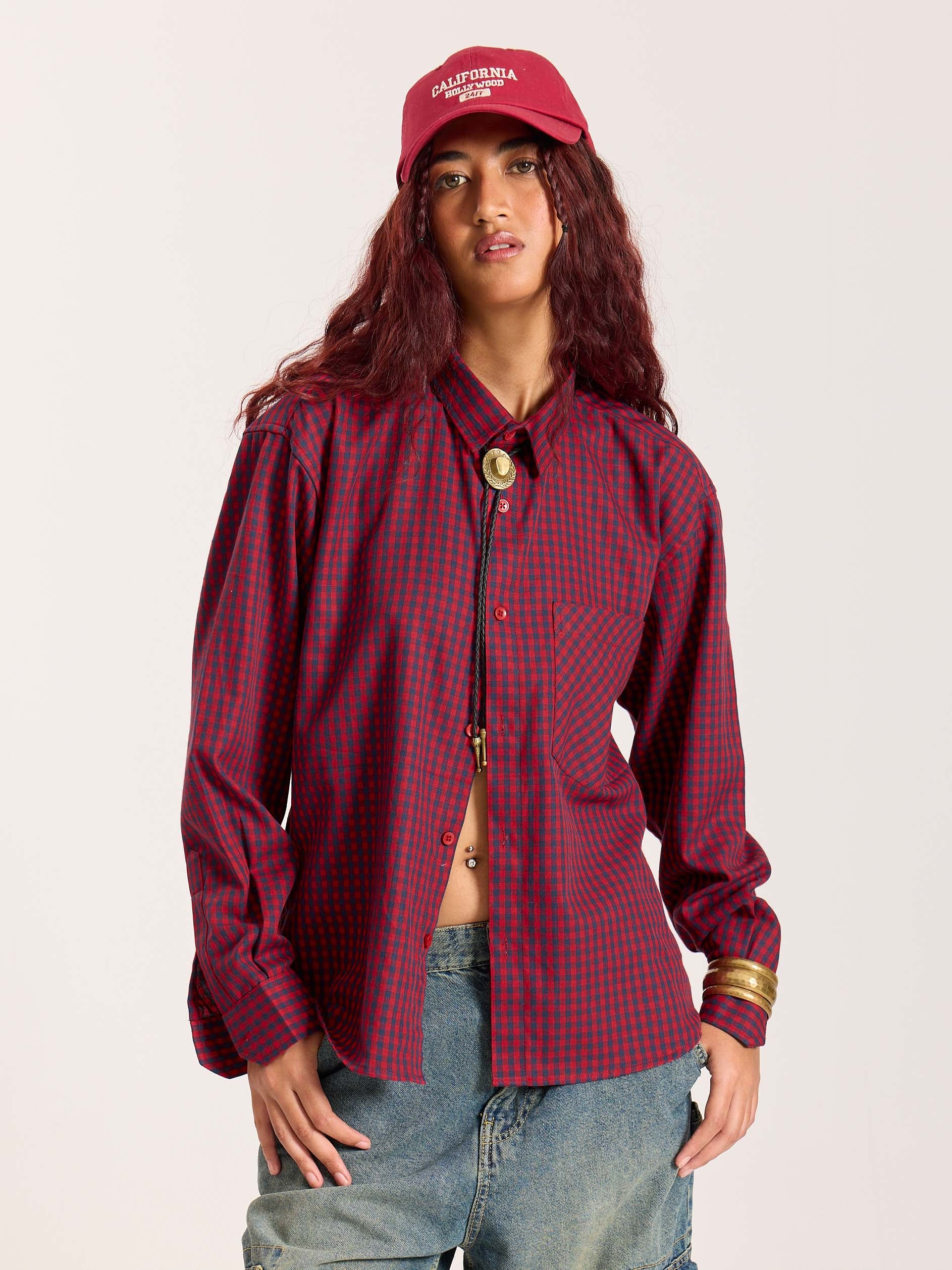 Red & Navy Checkered Oversized Cropped Shirt - Image 4