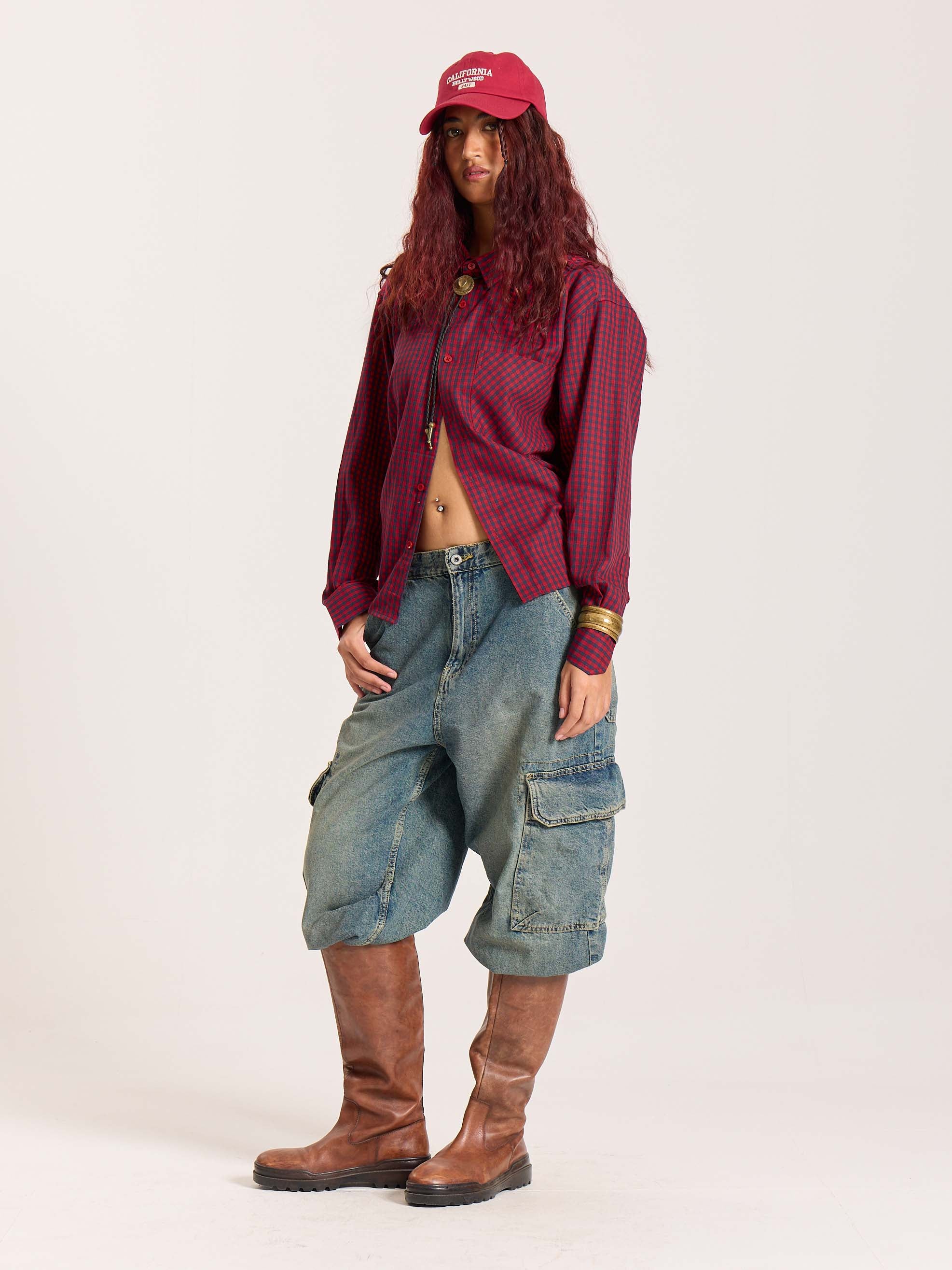 Red & Navy Checkered Oversized Cropped Shirt - Image 6