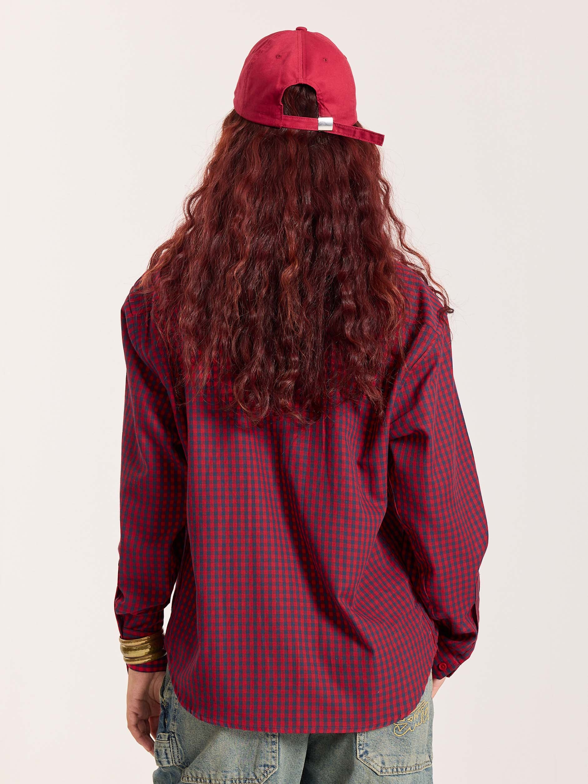 Red & Navy Checkered Oversized Cropped Shirt - Image 8