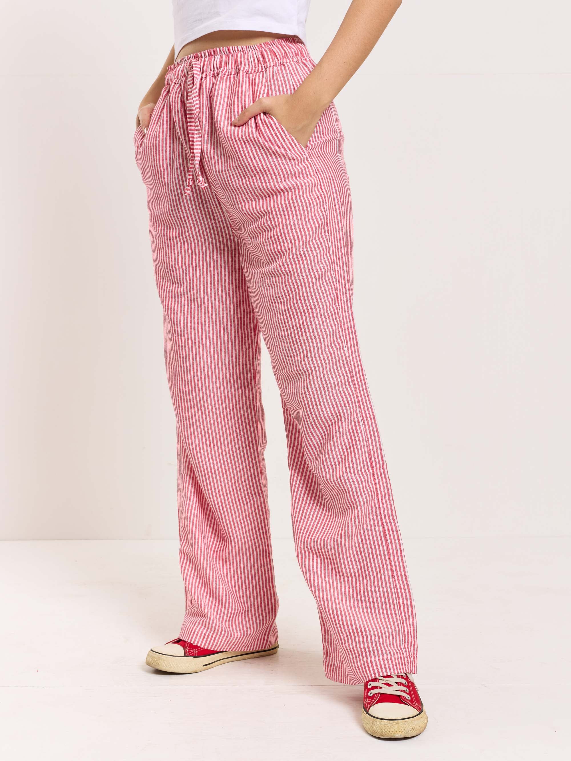 Red Striped Linen Pull-on Pants - Image 6
