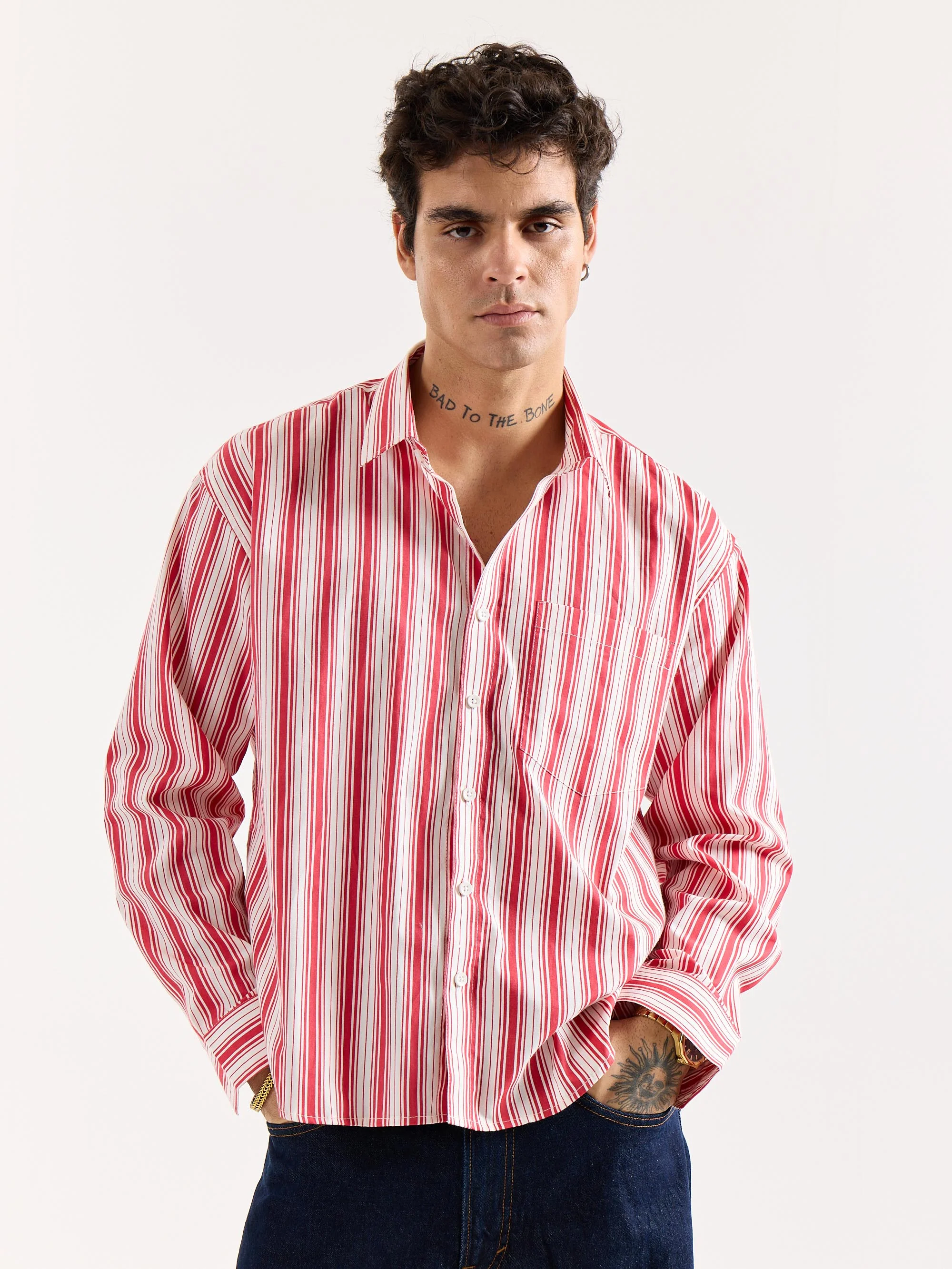 Red & White Striped Poplin Oversized Shirt - Image 3