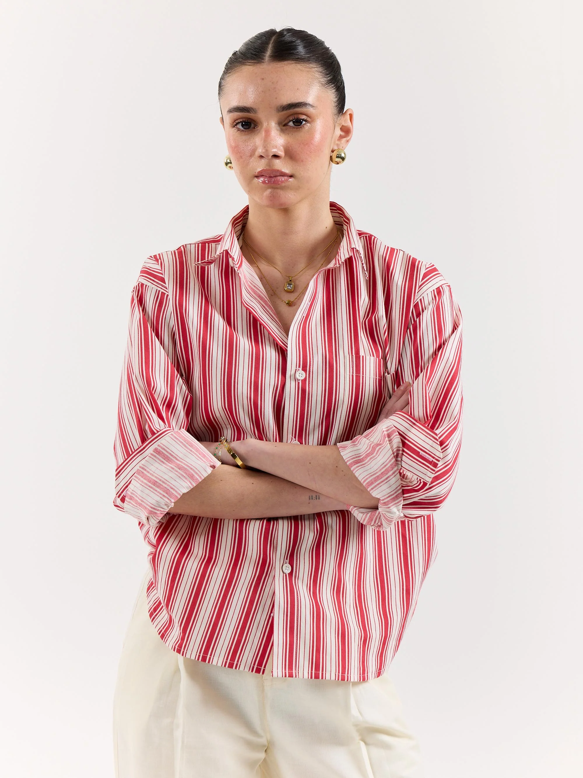 Red & White Striped Poplin Oversized Shirt - Image 4