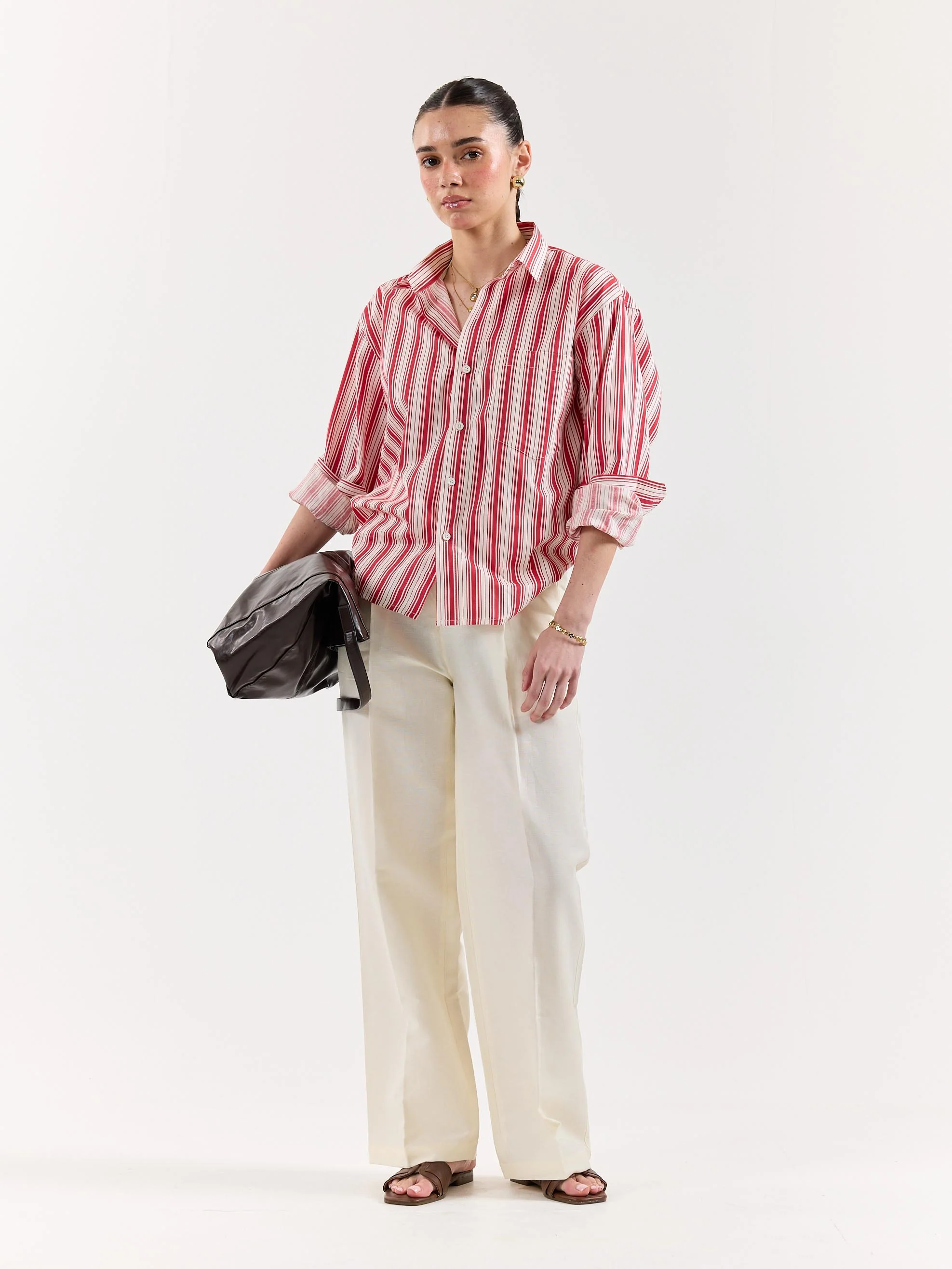 Red & White Striped Poplin Oversized Shirt - Image 6
