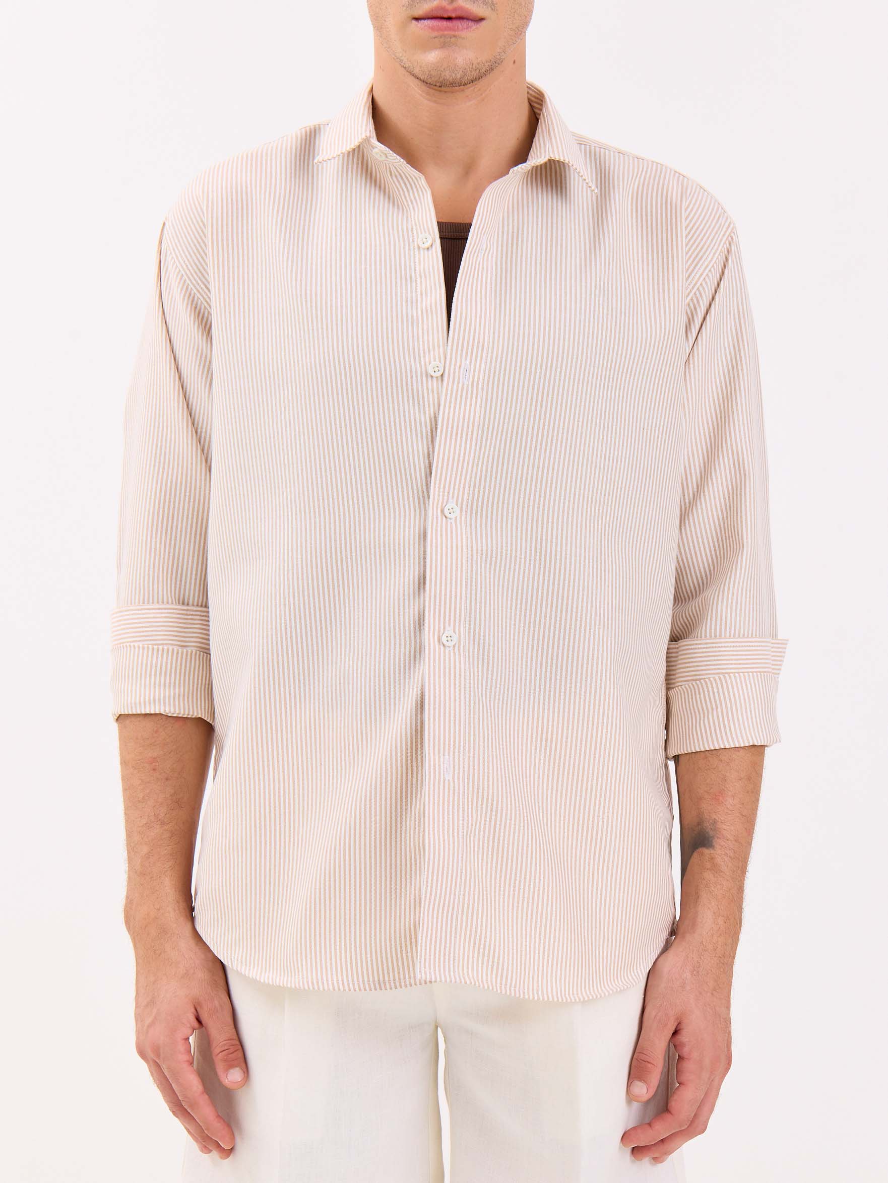 Relaxed Fit Beige Striped Shirt - Image 3