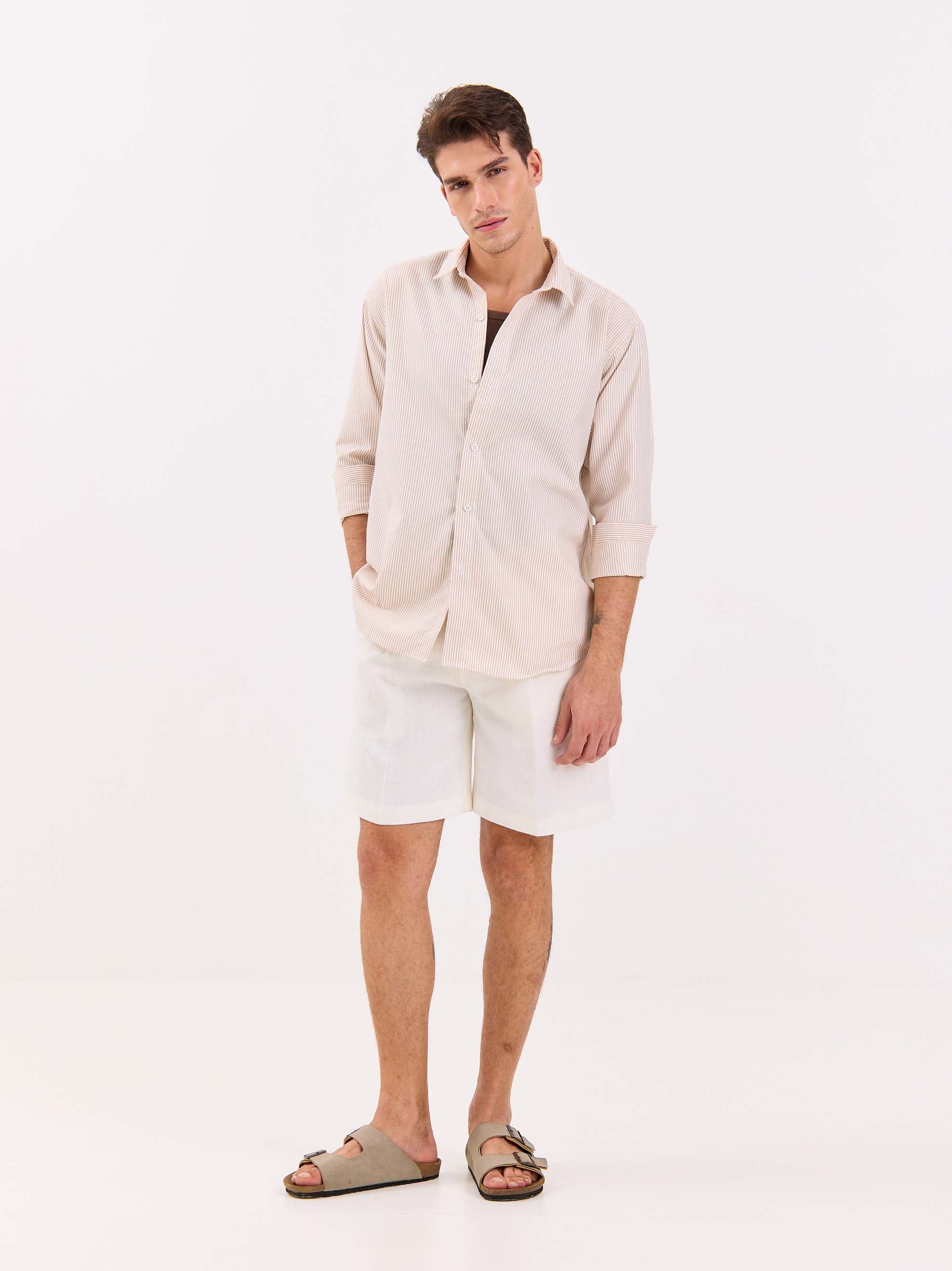 Relaxed Fit Beige Striped Shirt - Image 4