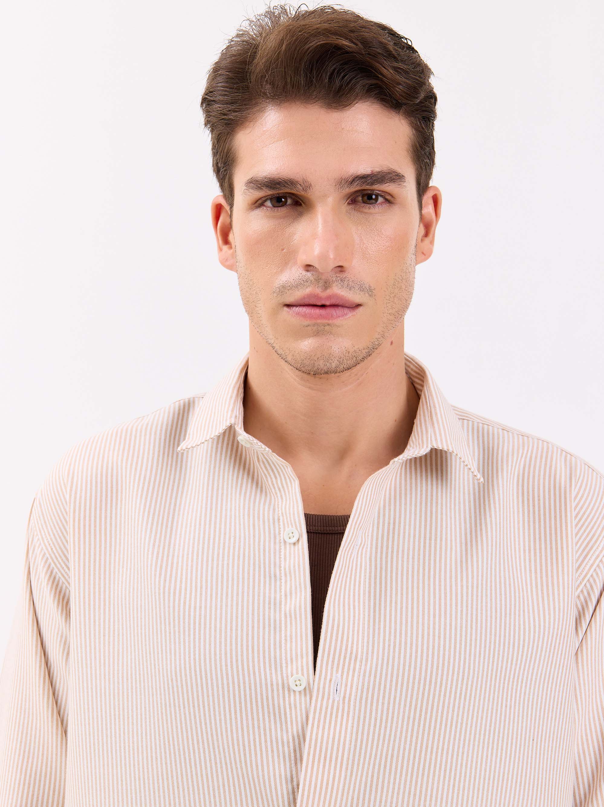 Relaxed Fit Beige Striped Shirt - Image 5