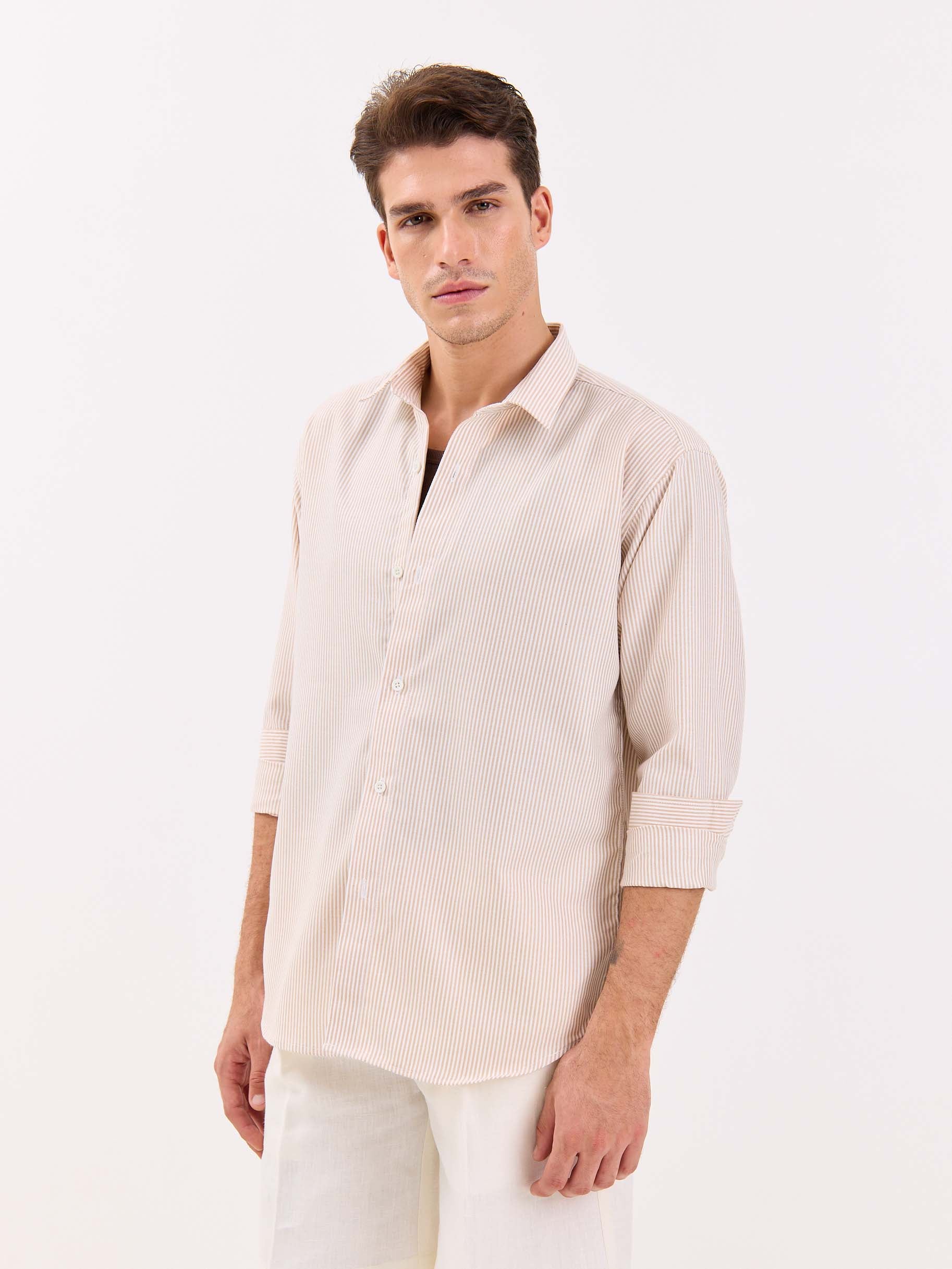 Relaxed Fit Beige Striped Shirt - Image 6