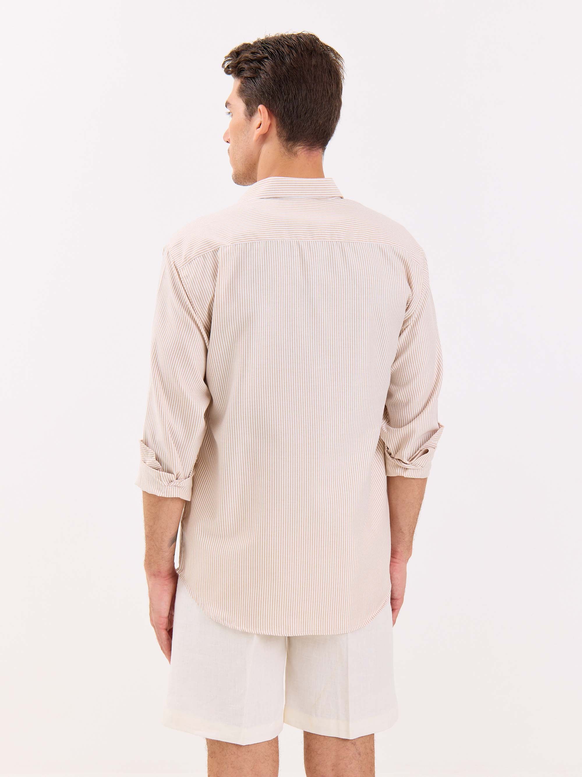 Relaxed Fit Beige Striped Shirt - Image 7