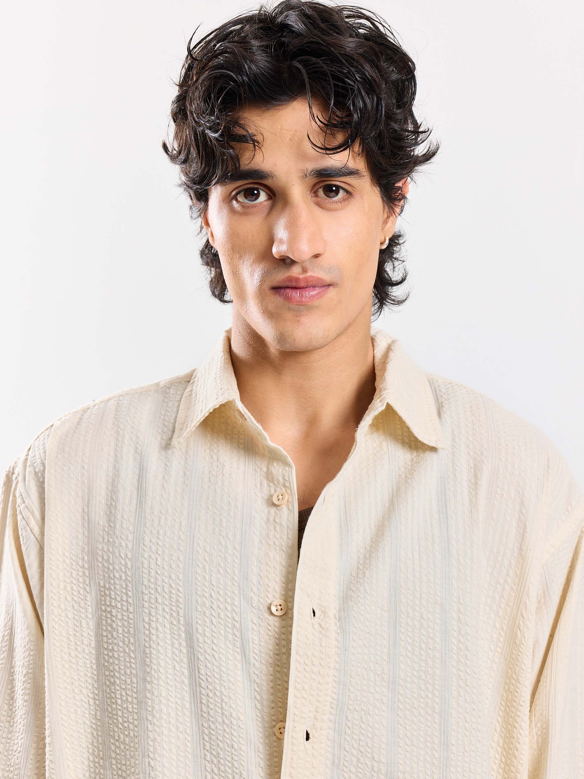 Relaxed Fit Cream Textured Shirt - Image 3