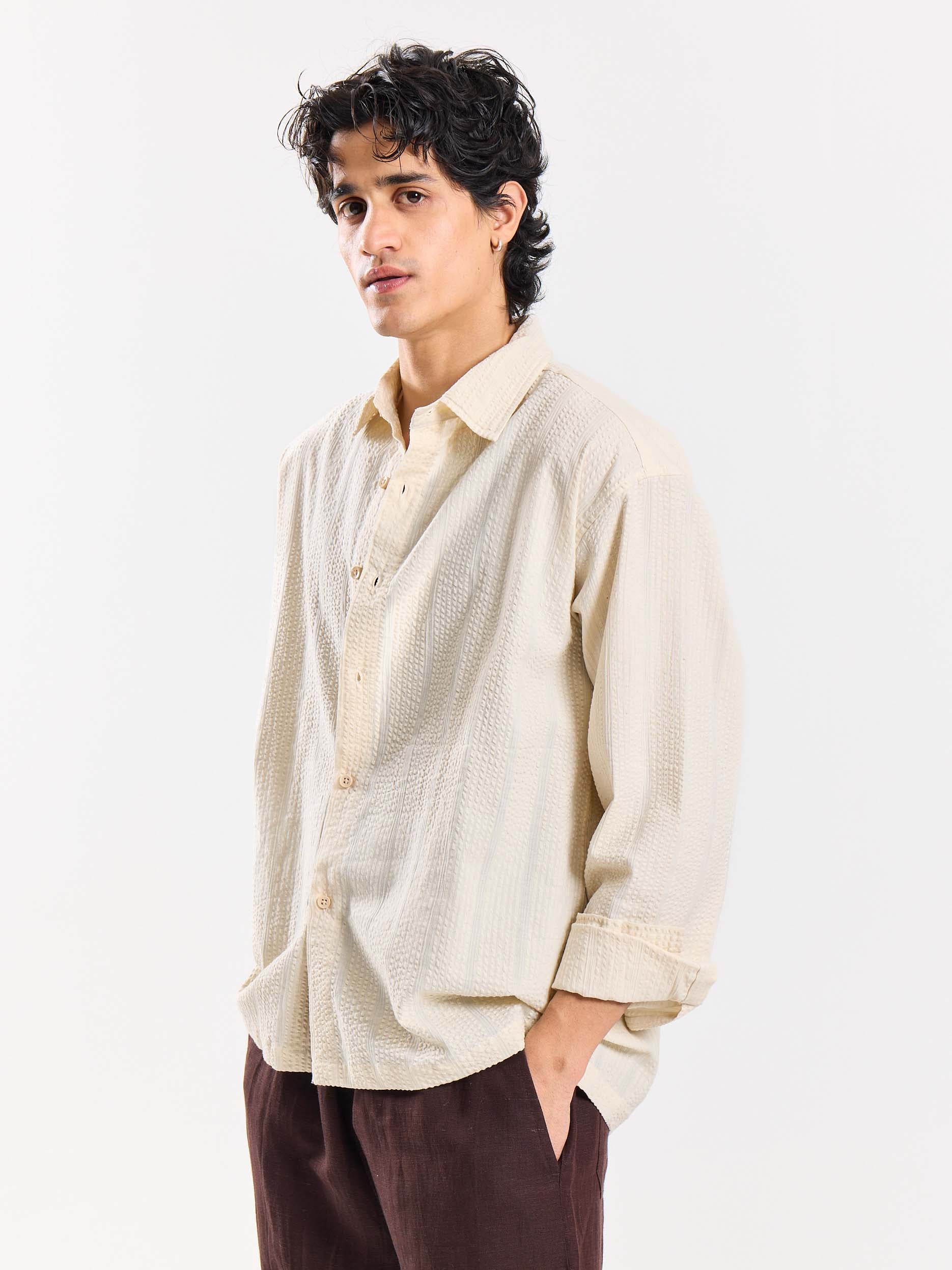 Relaxed Fit Cream Textured Shirt - Image 5