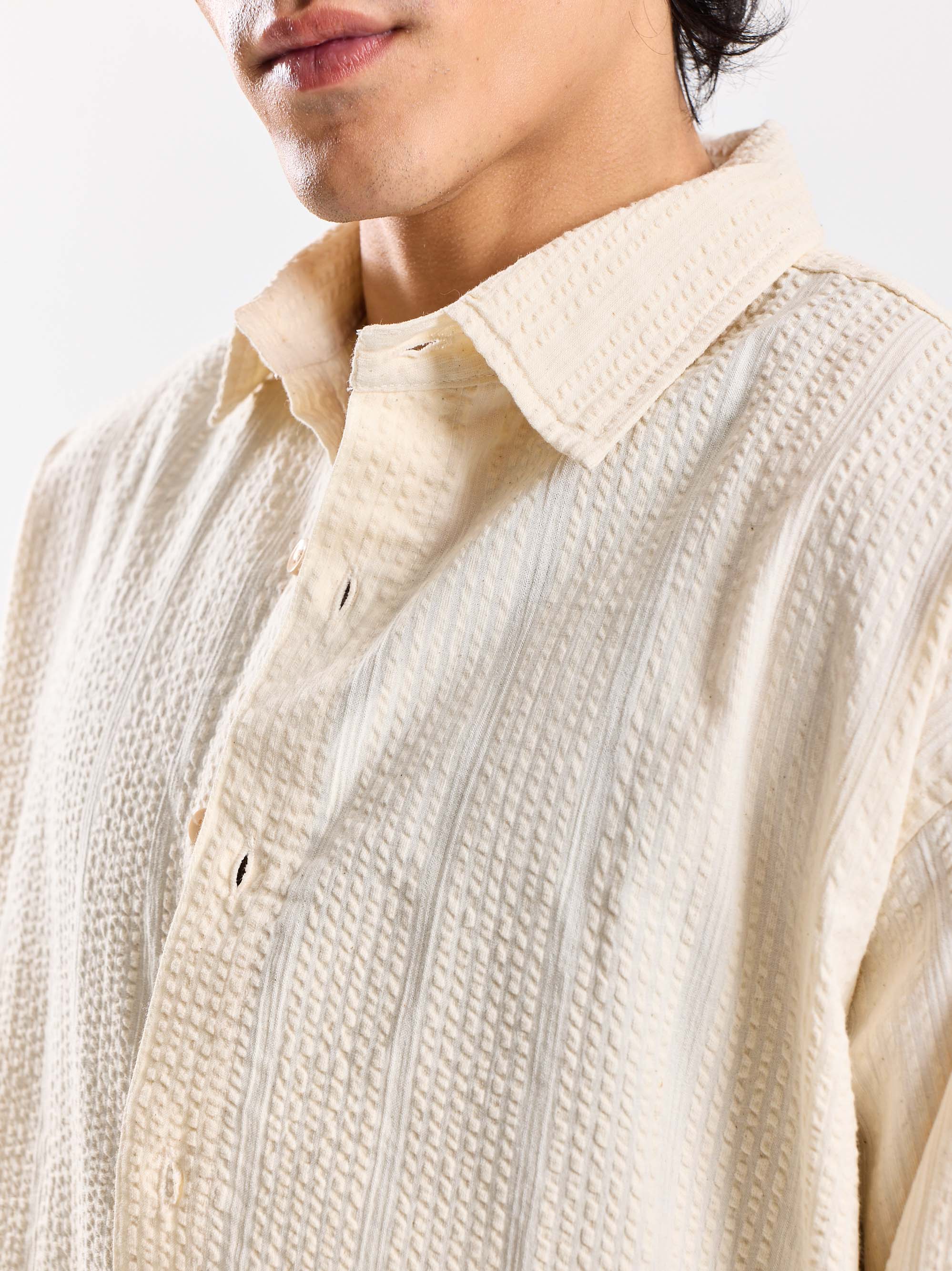 Relaxed Fit Cream Textured Shirt - Image 6