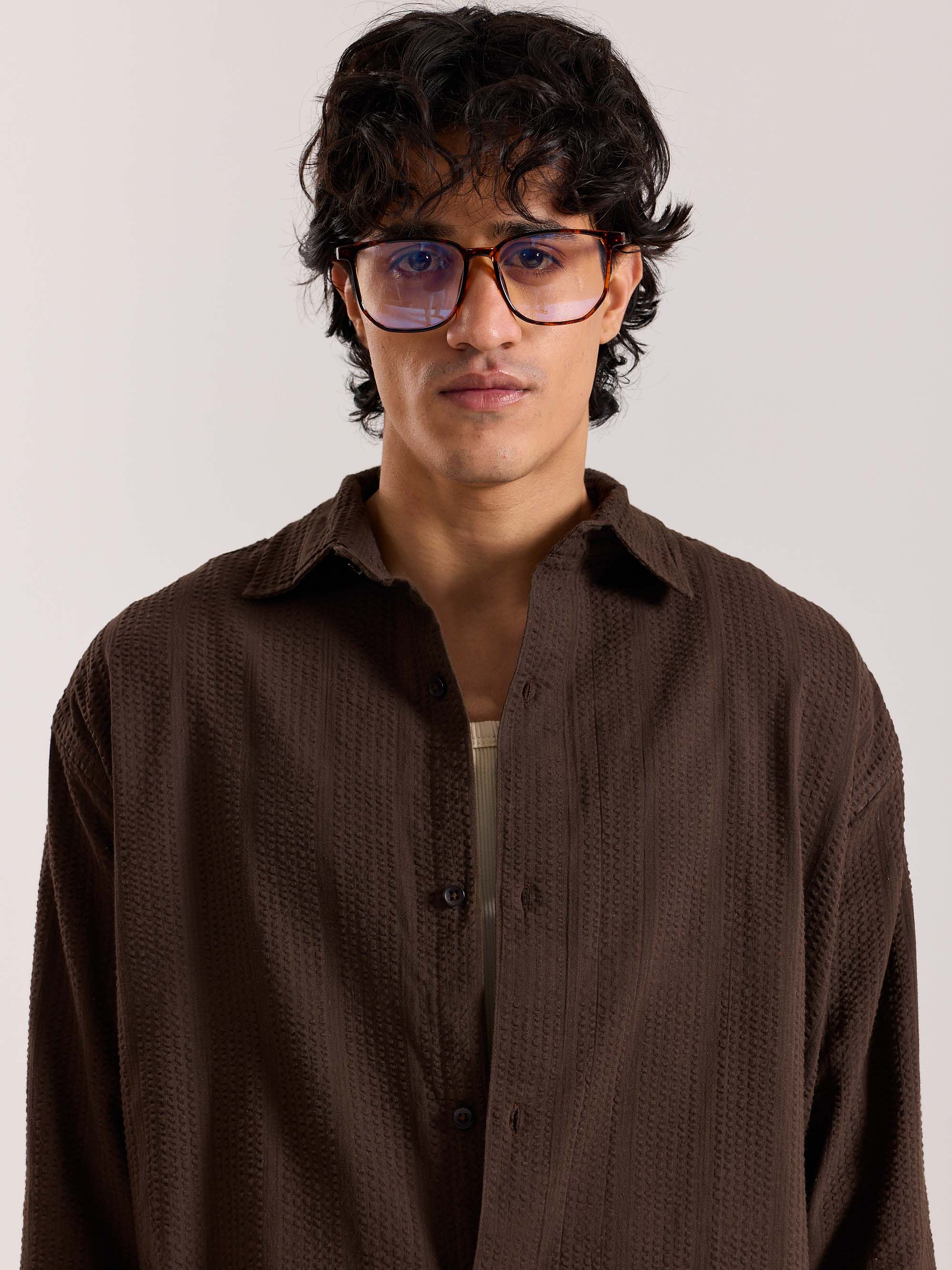 Relaxed Fit Dark Brown Textured Shirt - Image 3