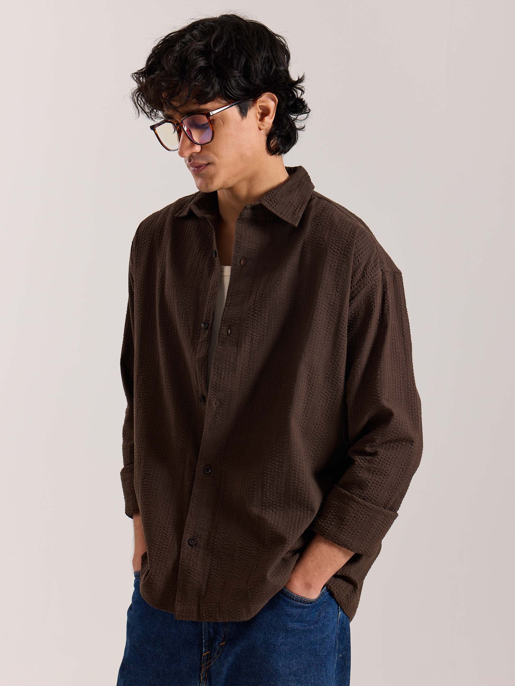 Relaxed Fit Dark Brown Textured Shirt - Image 4