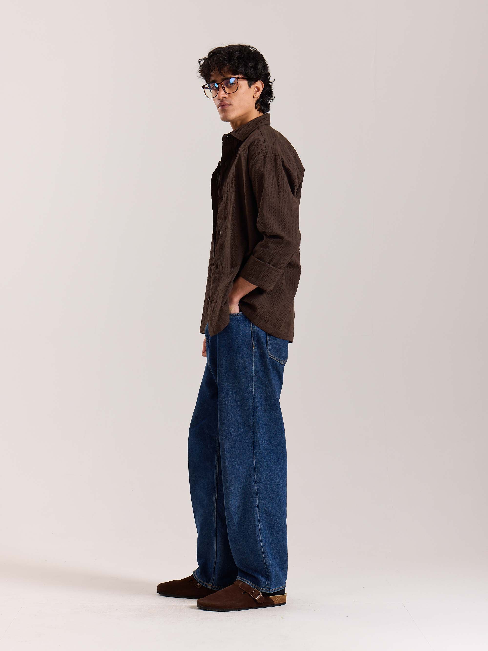 Relaxed Fit Dark Brown Textured Shirt - Image 5