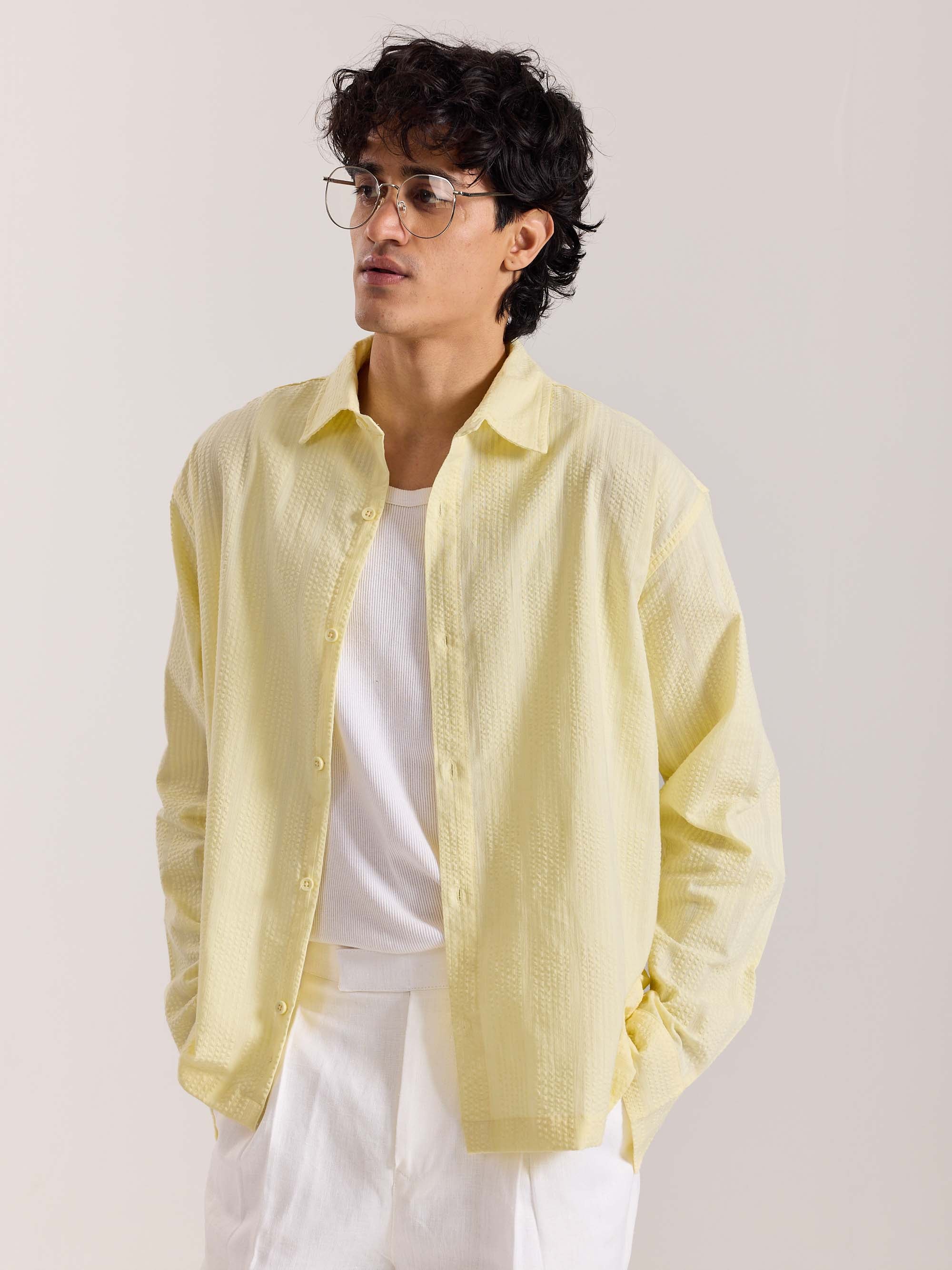 Relaxed Fit Light Yellow Textured Shirt - Image 4