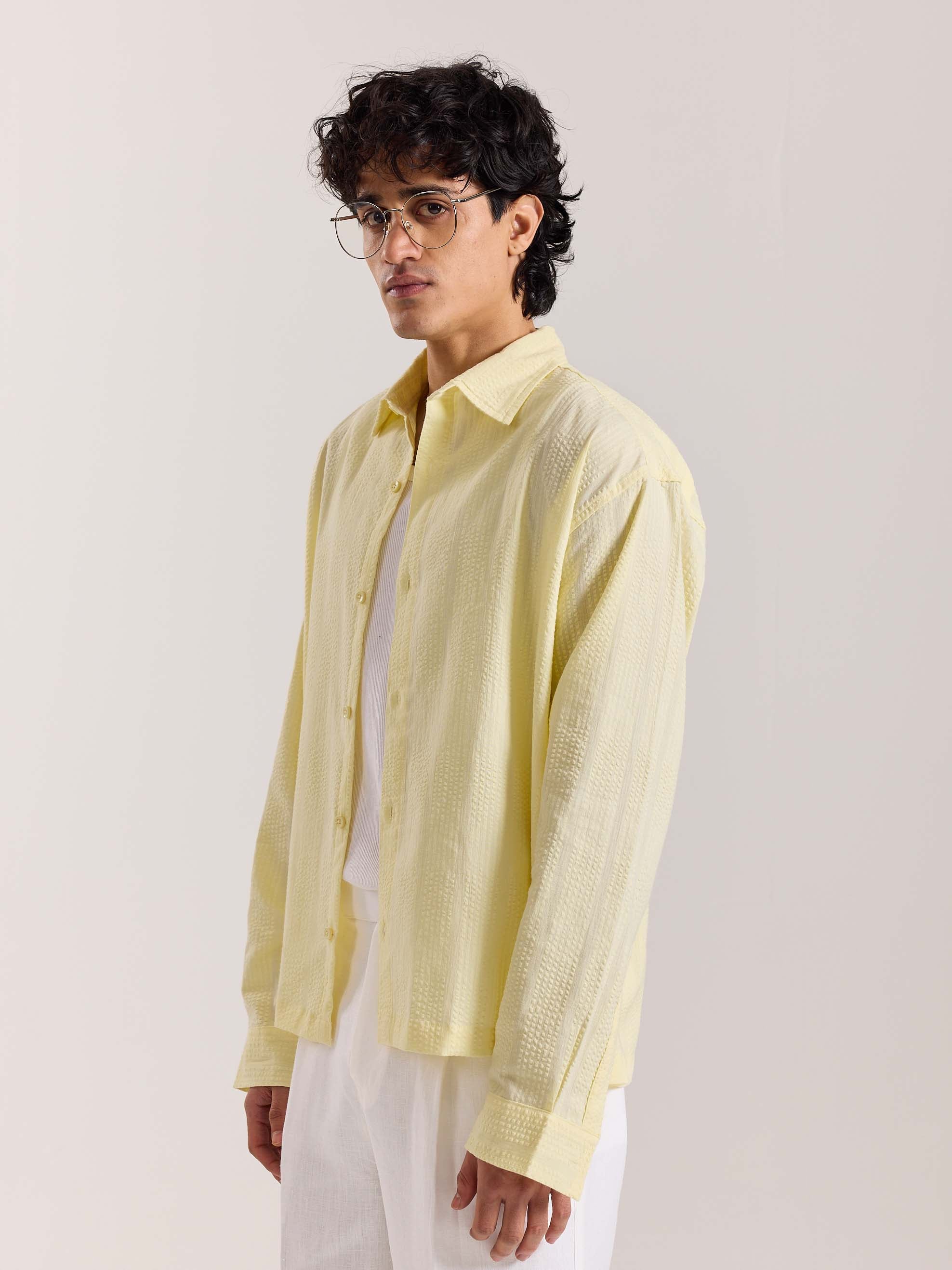 Relaxed Fit Light Yellow Textured Shirt - Image 5