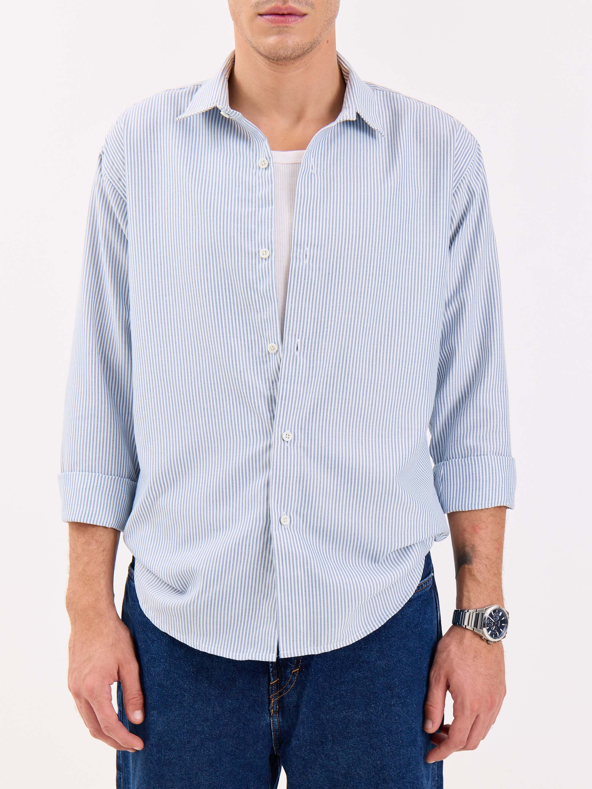 Relaxed Fit Navy Blue Striped Shirt - Image 3