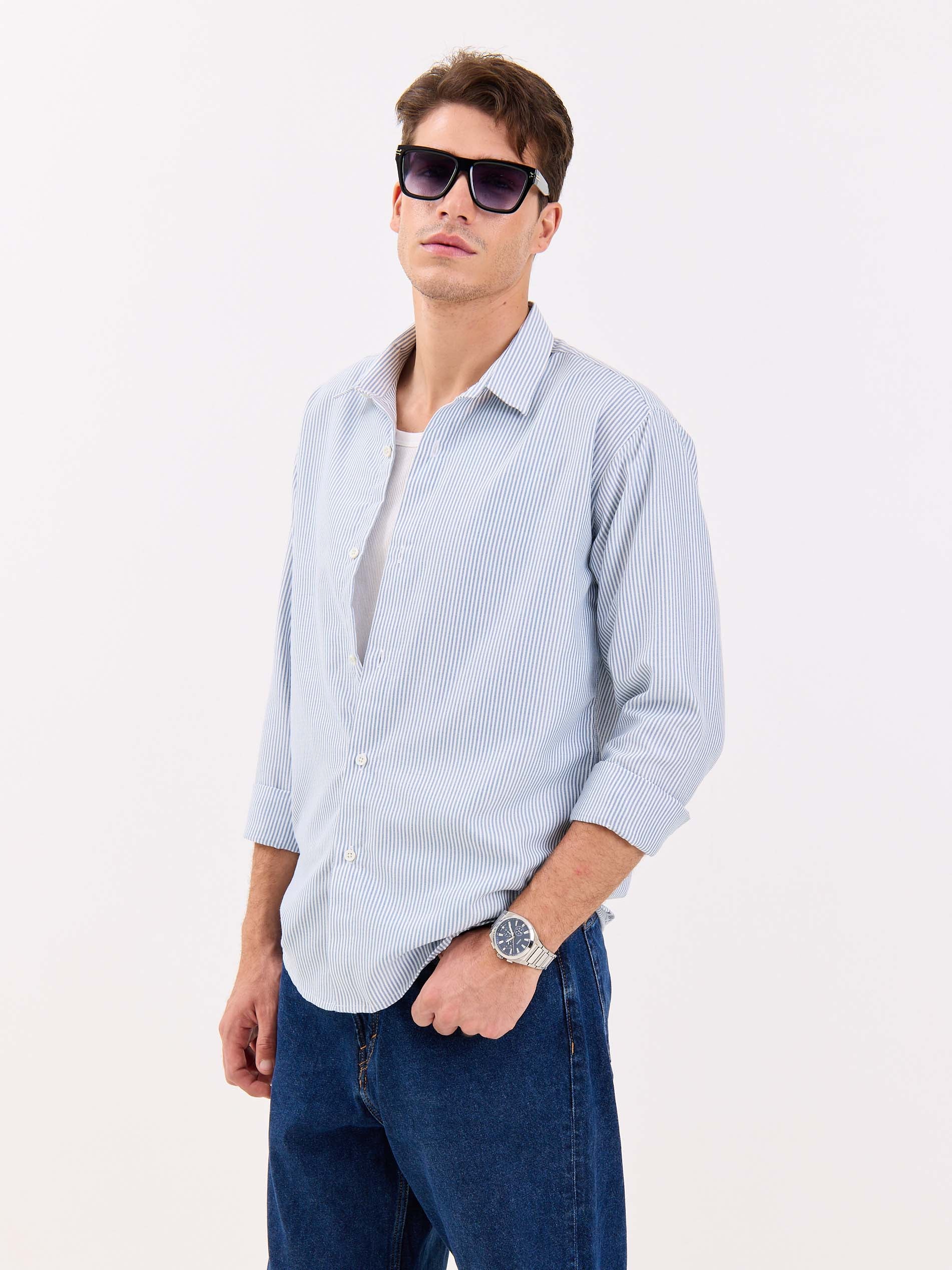 Relaxed Fit Navy Blue Striped Shirt - Image 5