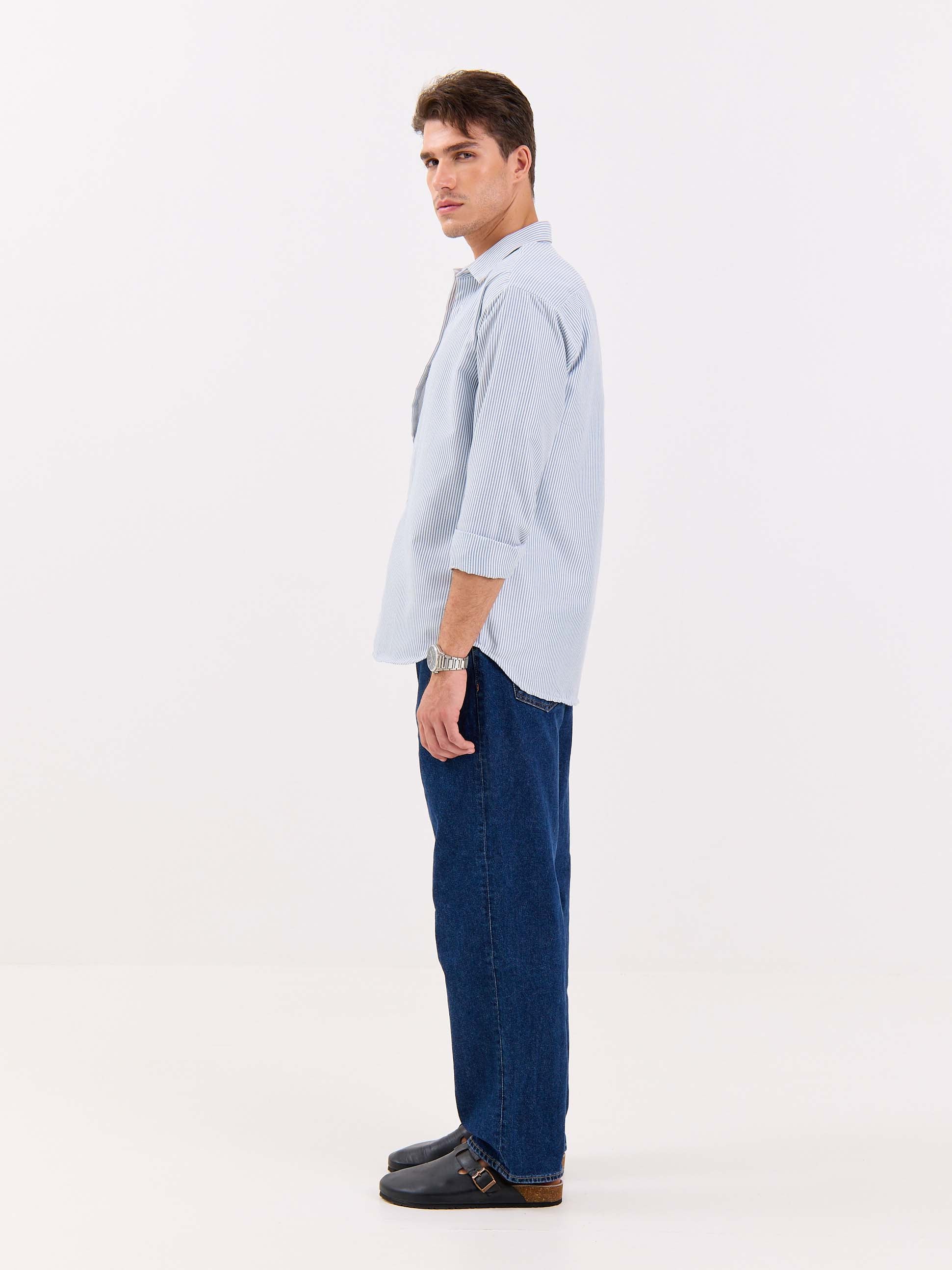 Relaxed Fit Navy Blue Striped Shirt - Image 6