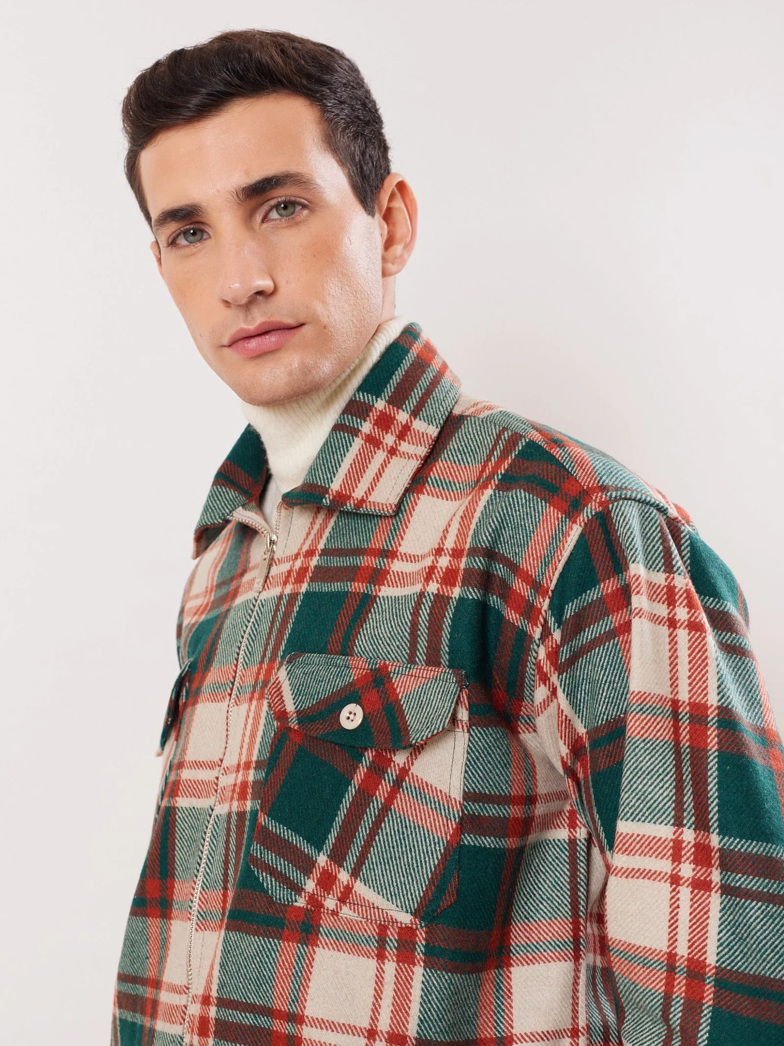 Relaxed Fit Plaid Zipper Jacket - Image 3