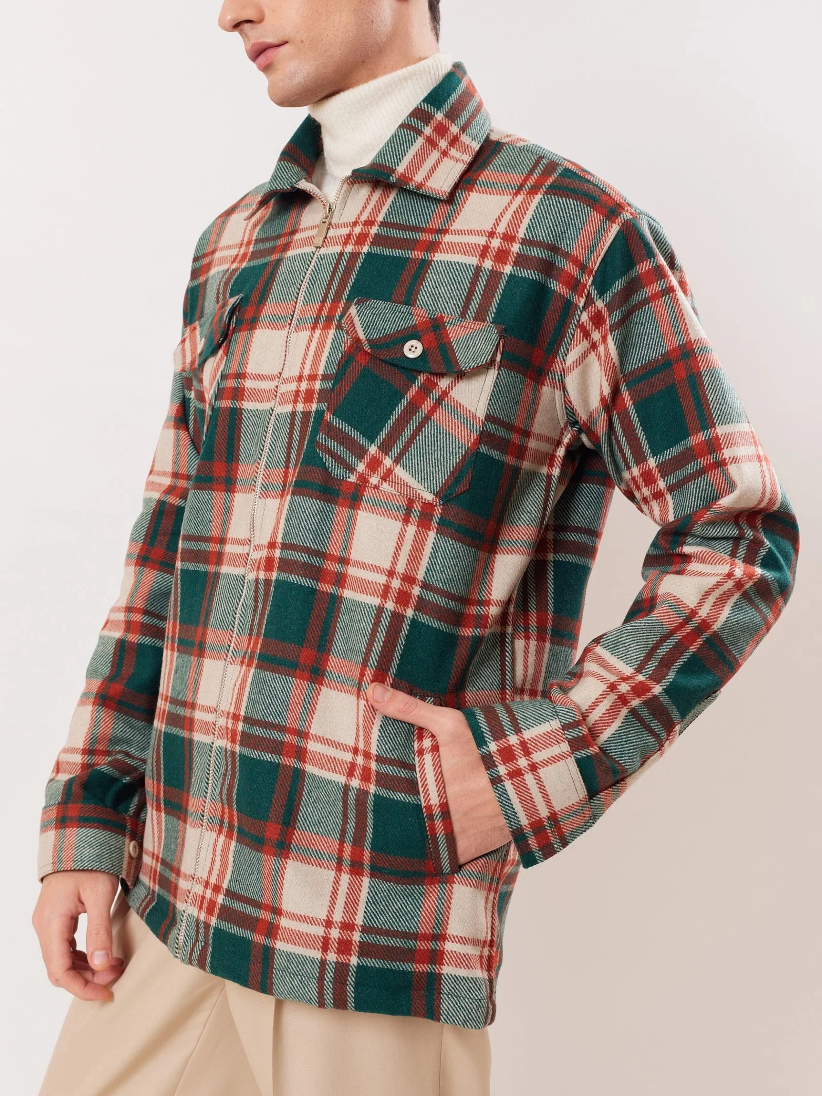 Relaxed Fit Plaid Zipper Jacket - Image 4