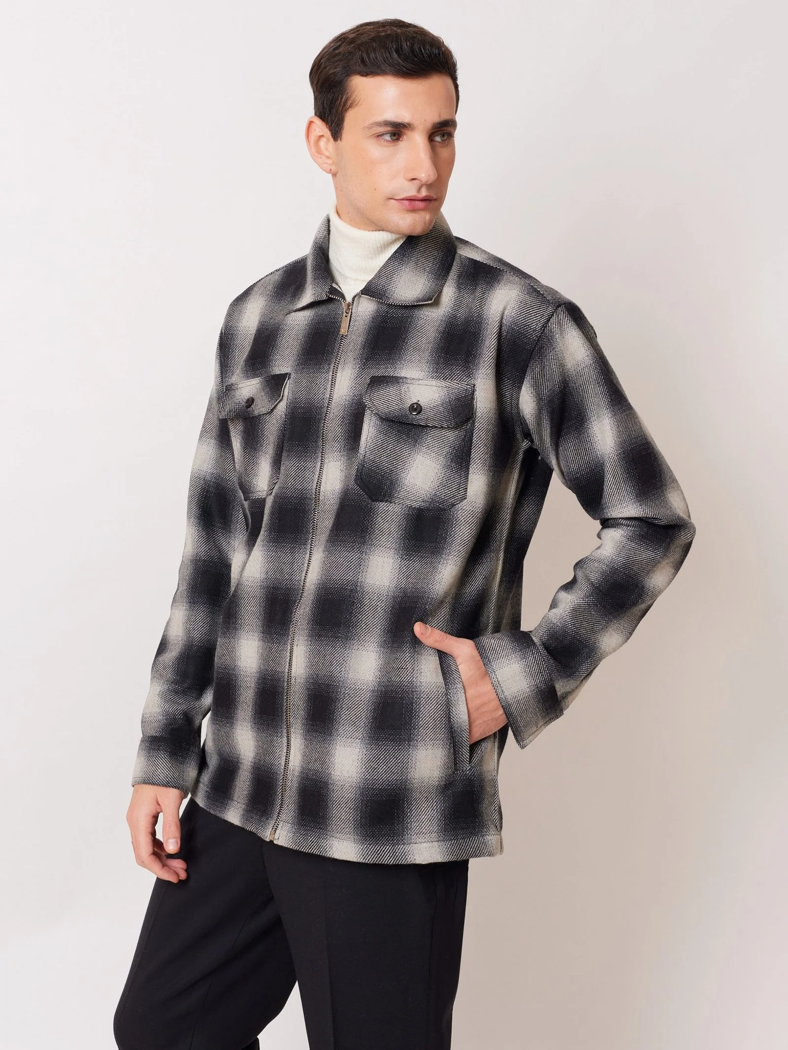 Relaxed Fit Plaid Zipper Jacket - Image 4
