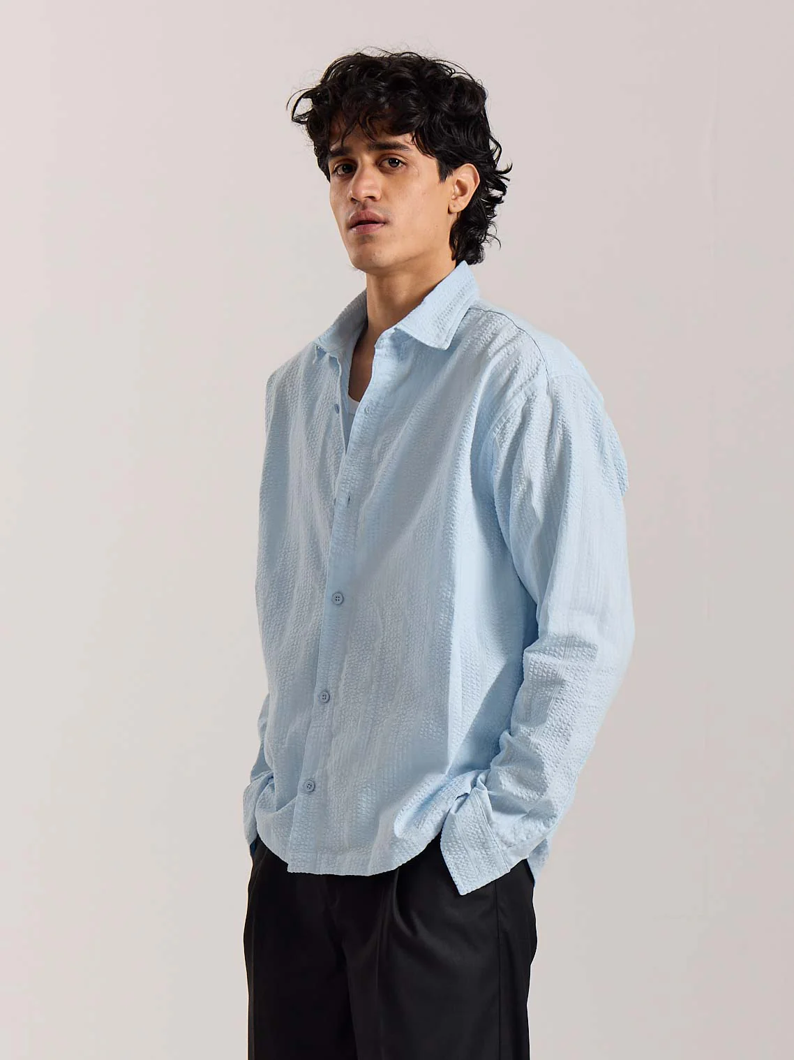 Relaxed Fit Powder Blue Textured Shirt - Image 3
