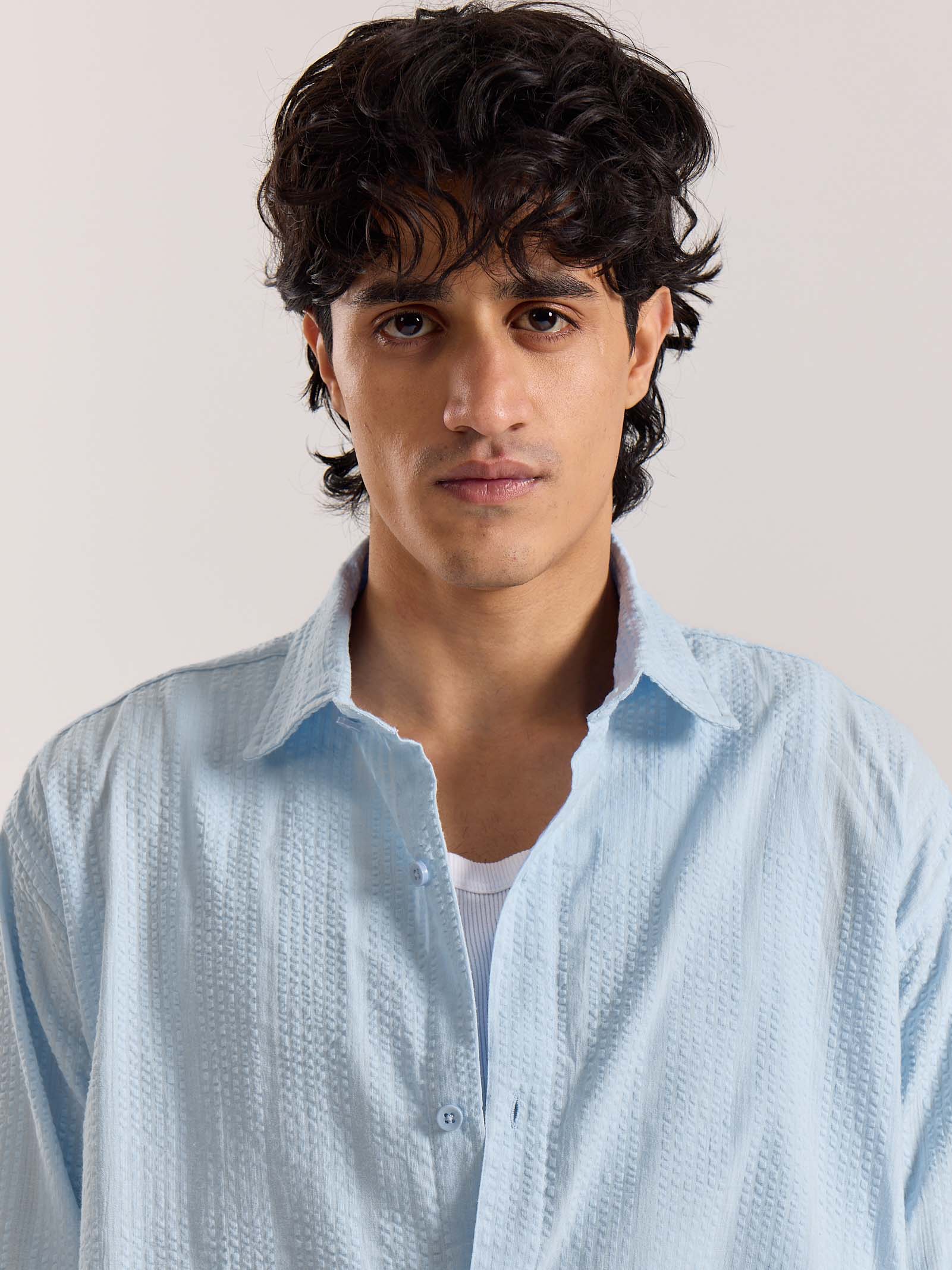 Relaxed Fit Powder Blue Textured Shirt - Image 4