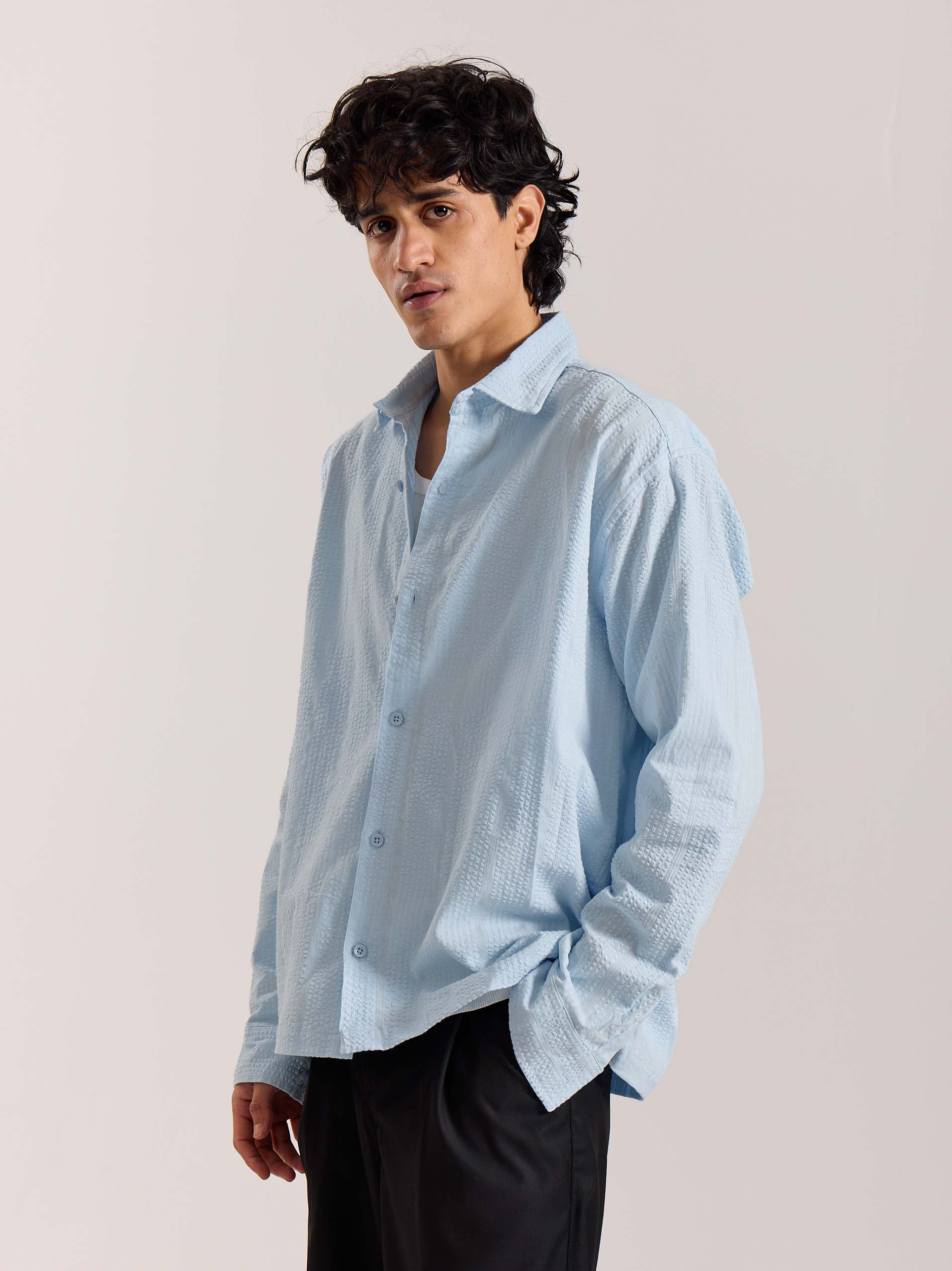 Relaxed Fit Powder Blue Textured Shirt - Image 5