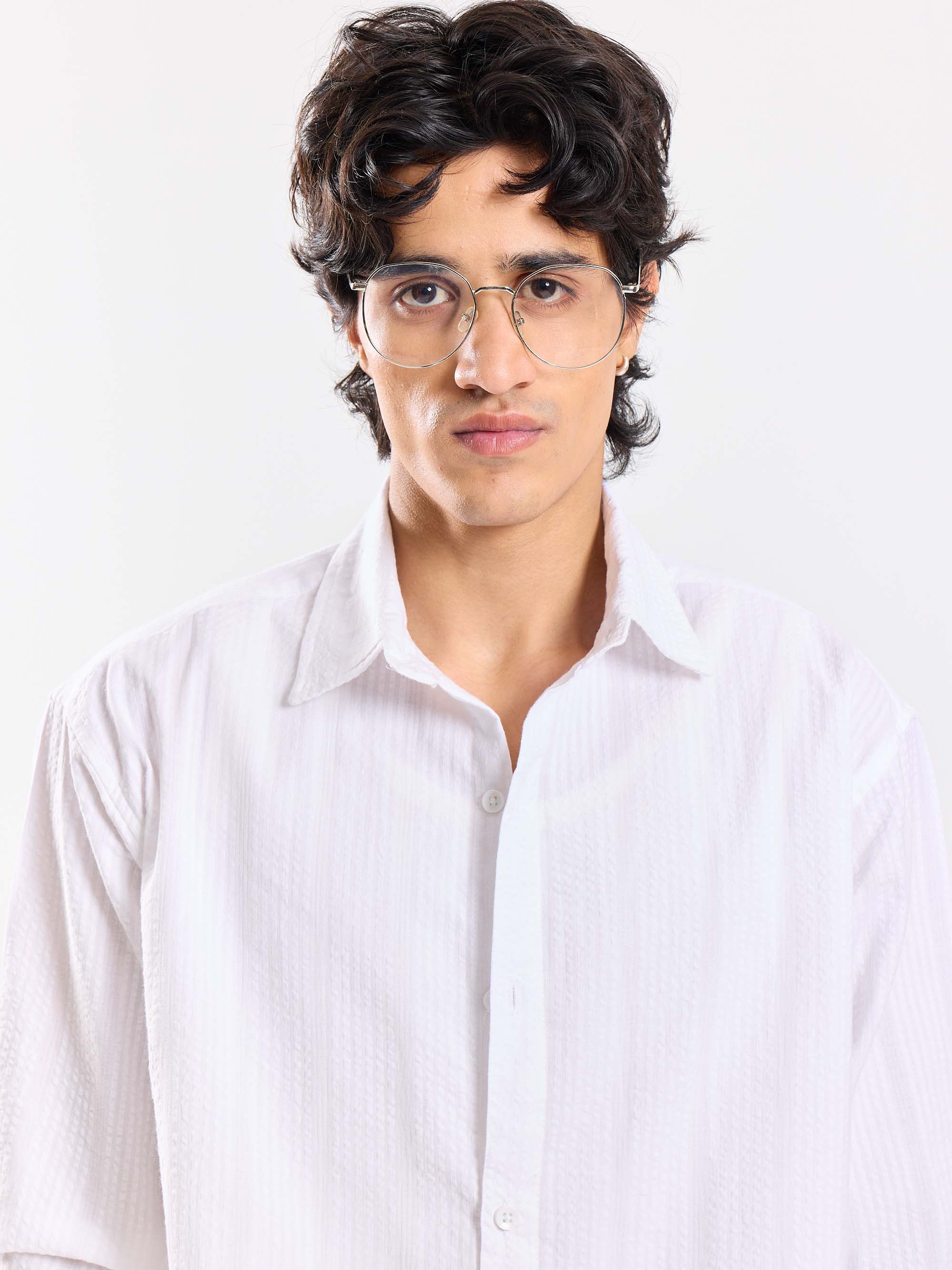 Relaxed Fit White Textured Shirt - Image 3