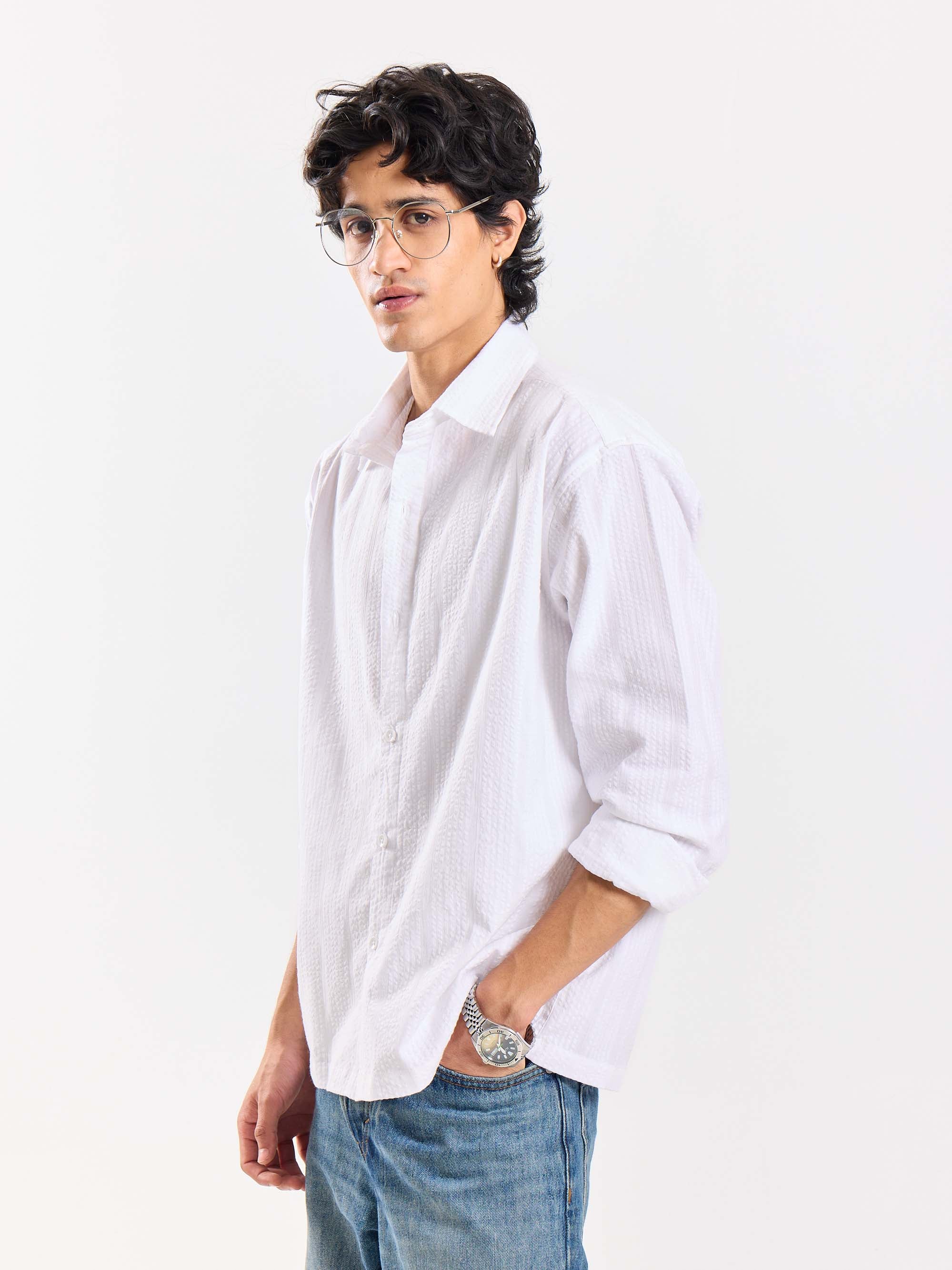 Relaxed Fit White Textured Shirt - Image 5