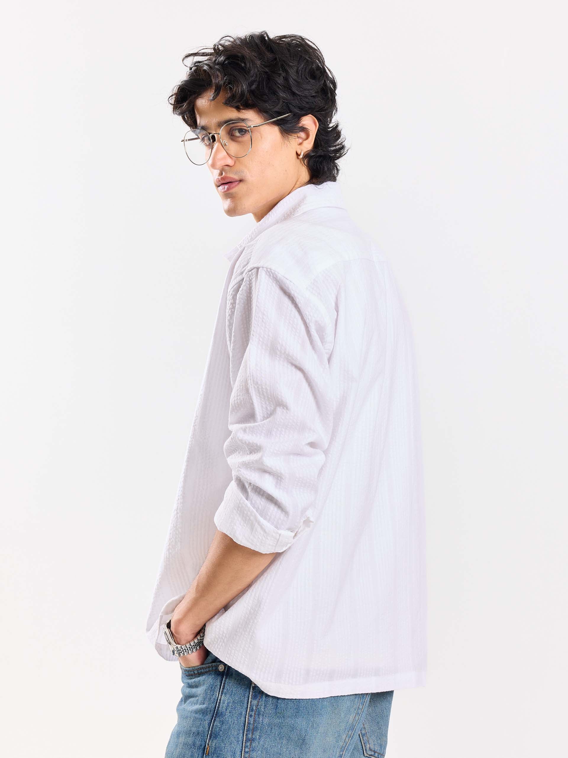 Relaxed Fit White Textured Shirt - Image 7