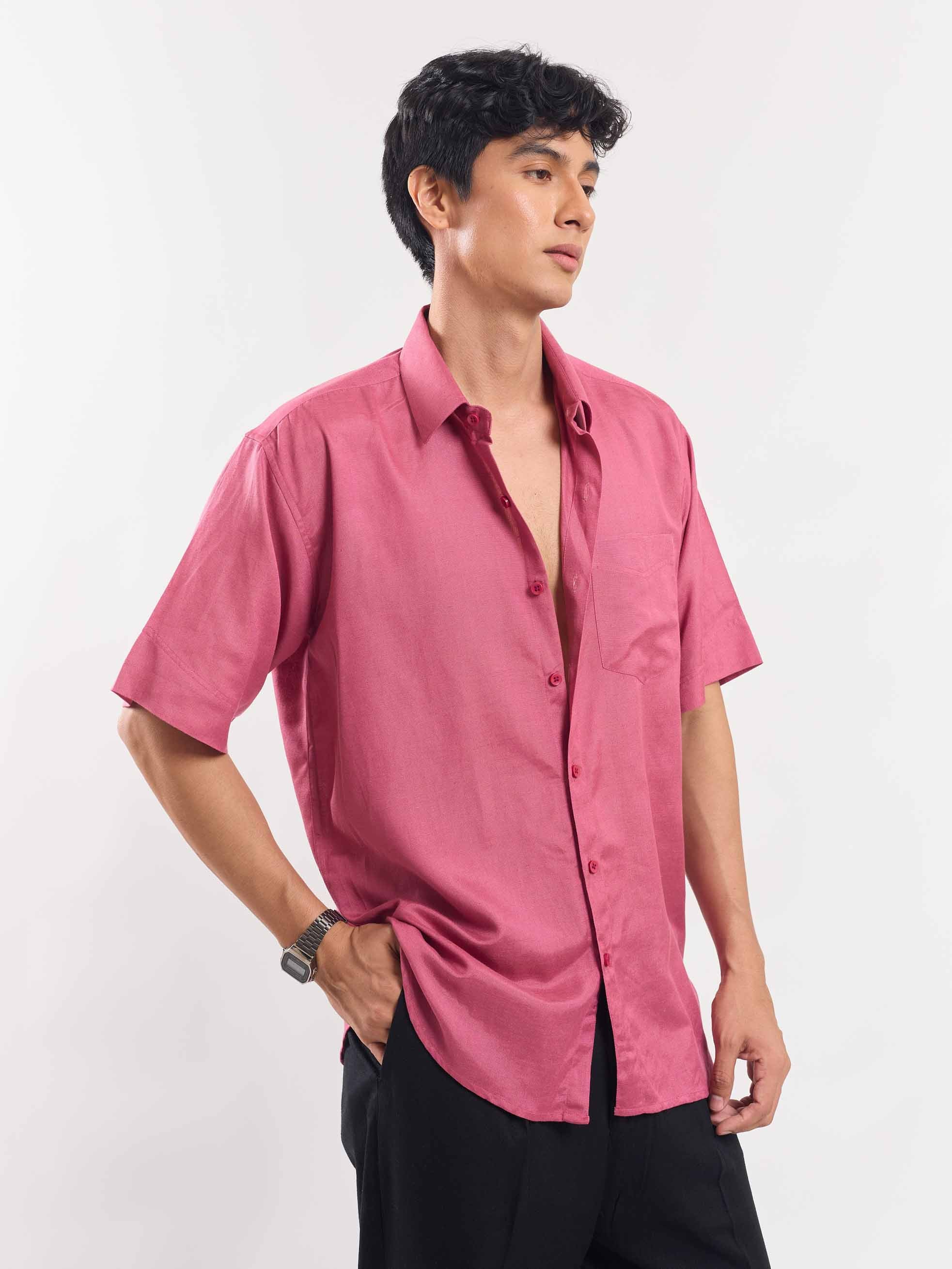 Rose Pink Half Sleeve Linen Shirt - Image 3