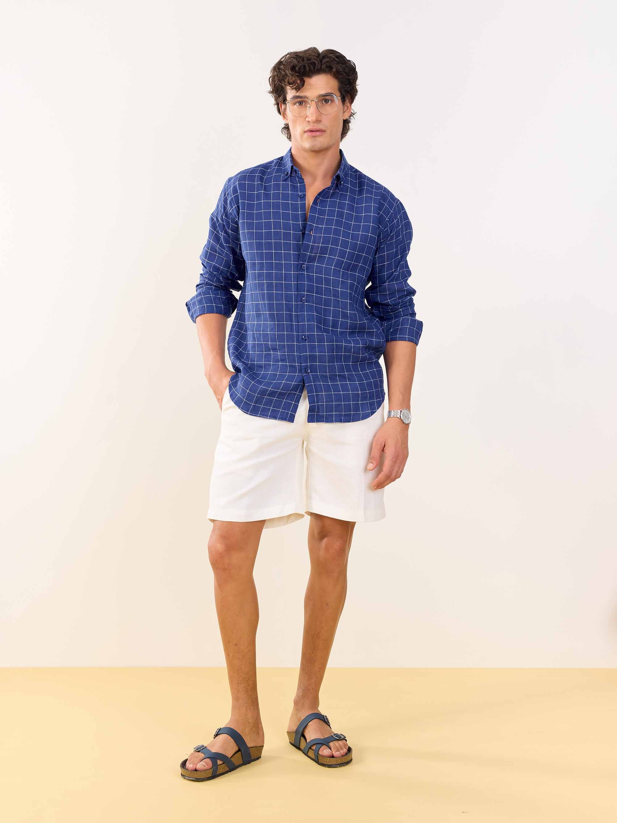 Royal Blue Checked Irish Linen Shirt - Image 2