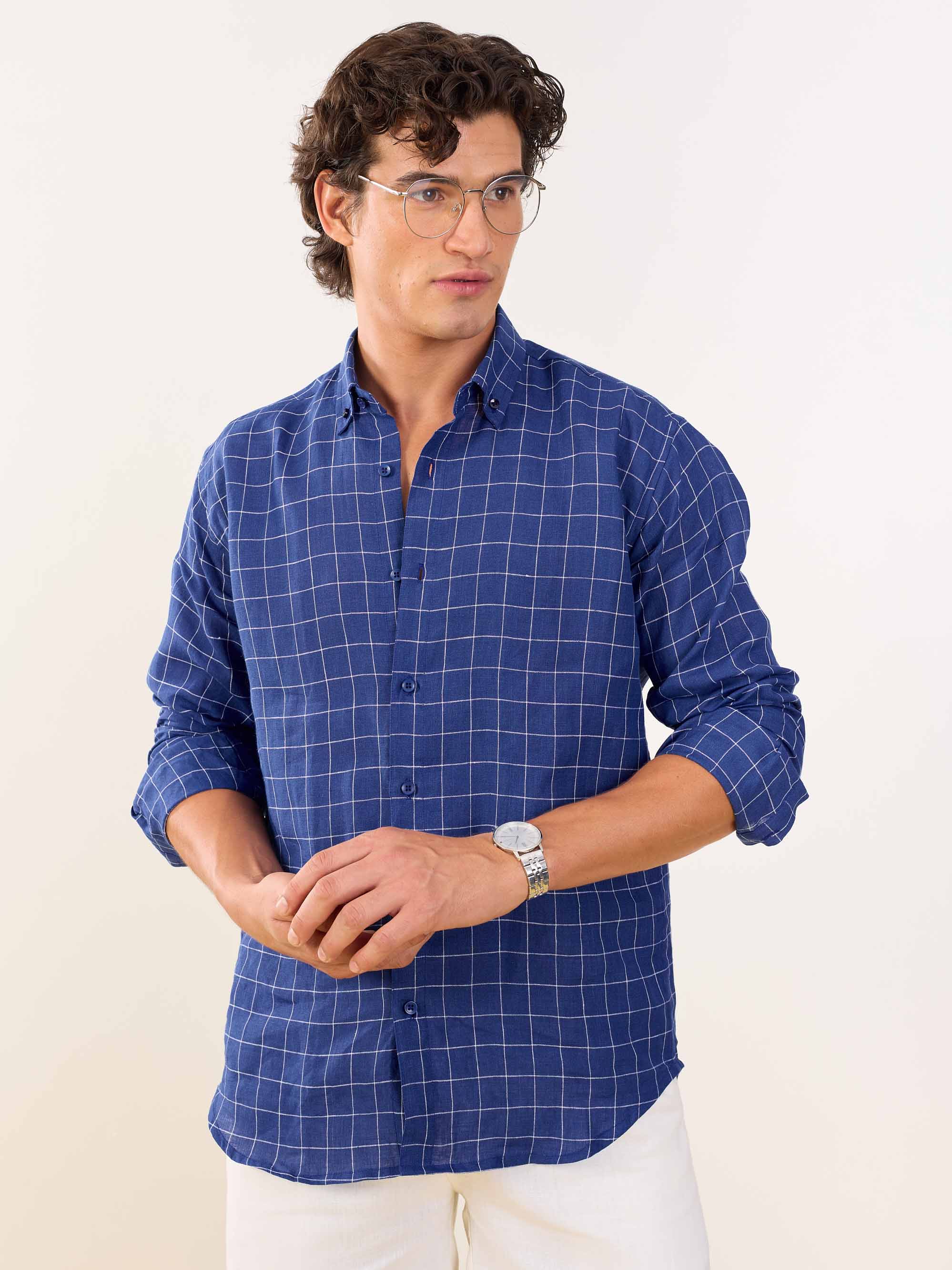 Royal Blue Checked Irish Linen Shirt - Image 3