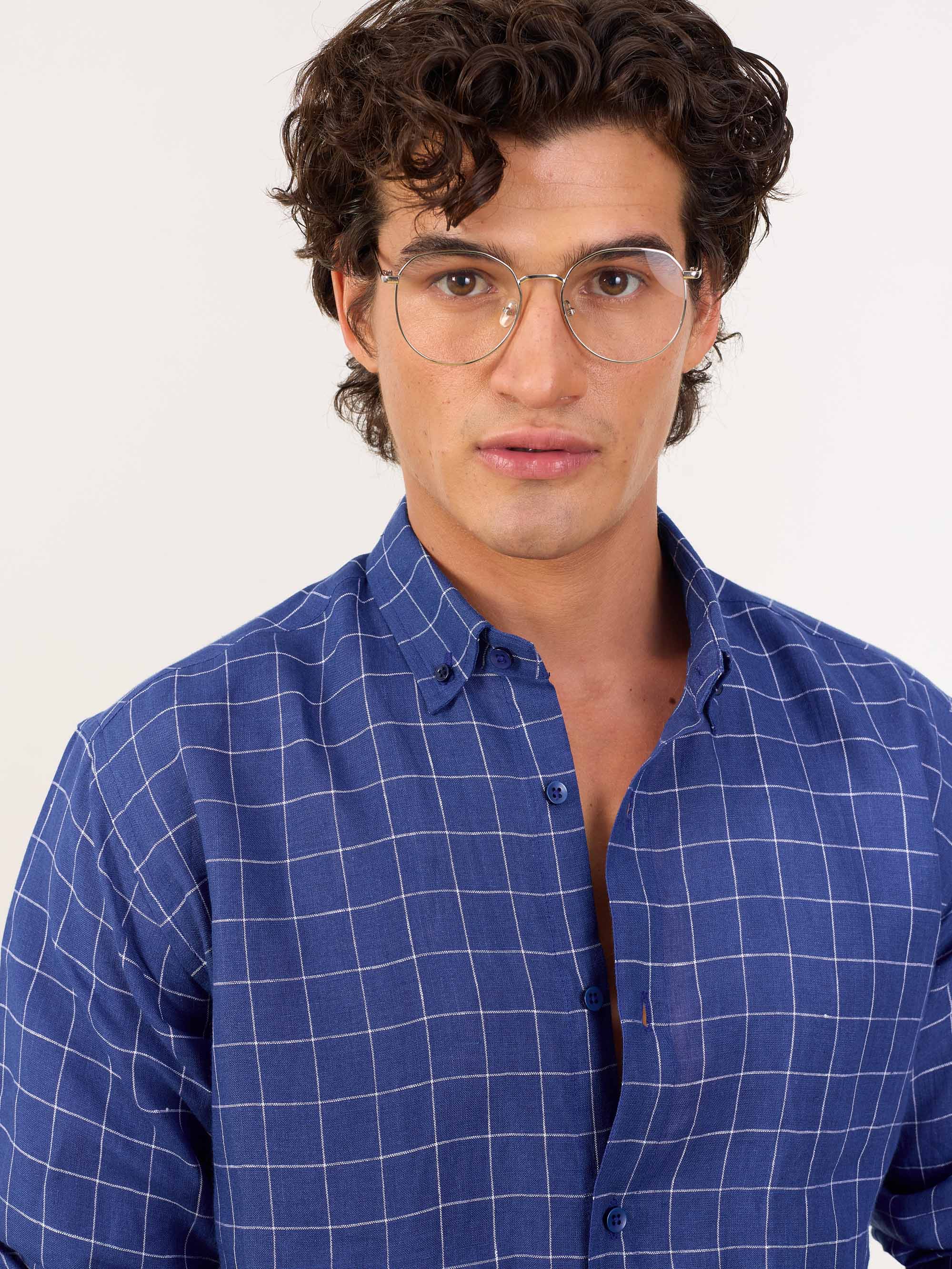 Royal Blue Checked Irish Linen Shirt - Image 4