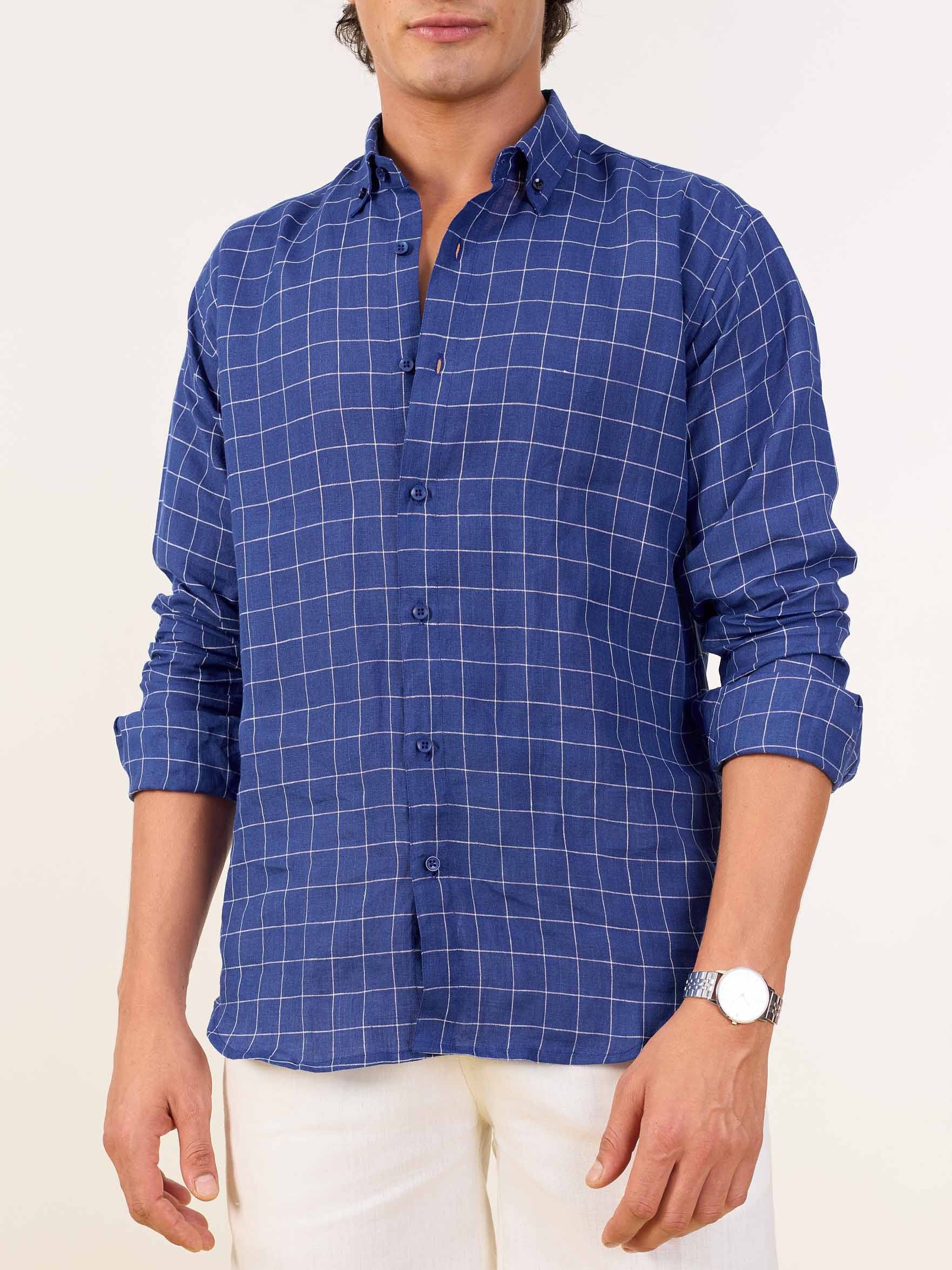 Royal Blue Checked Irish Linen Shirt - Image 5