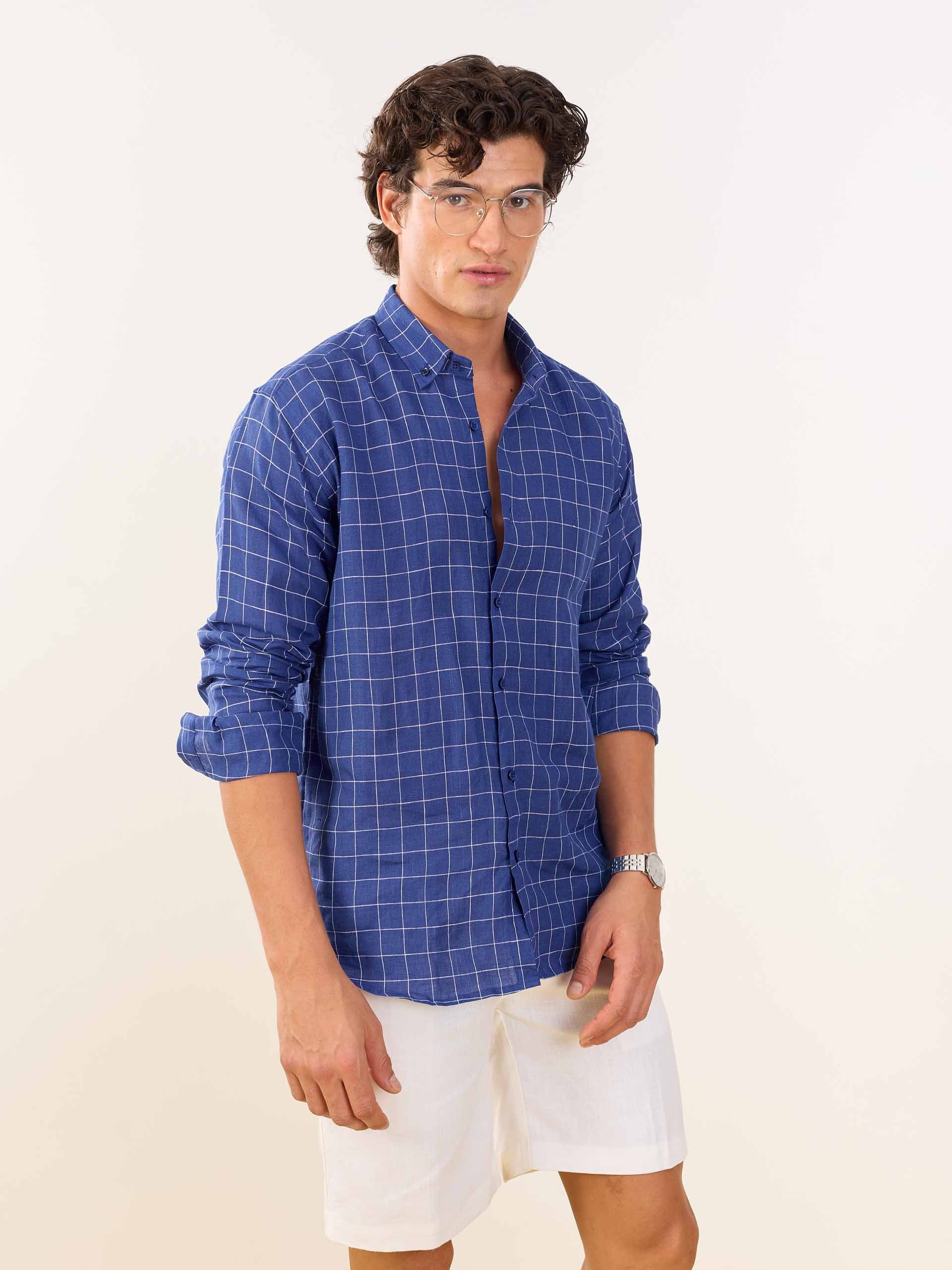 Royal Blue Checked Irish Linen Shirt - Image 6