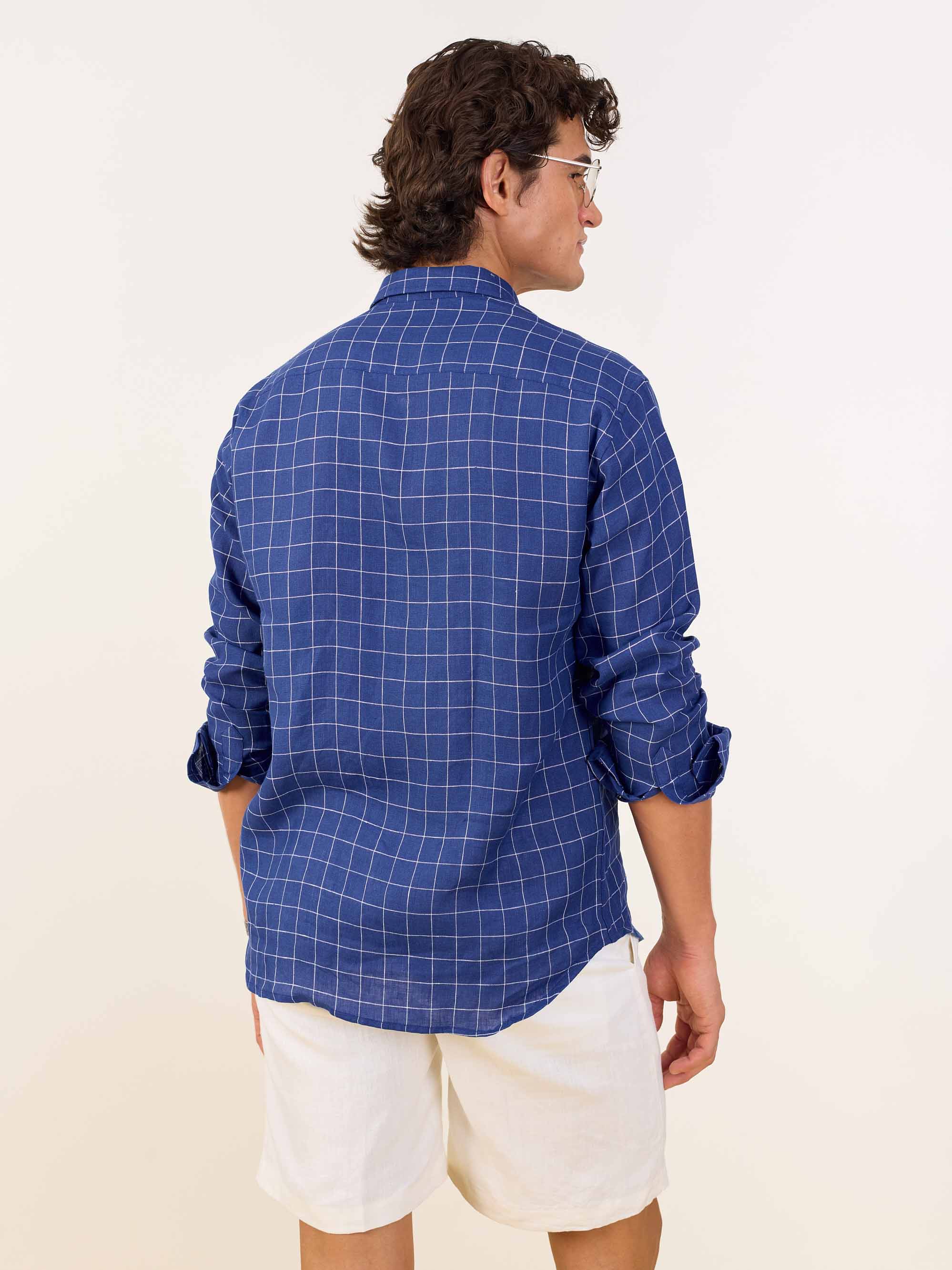 Royal Blue Checked Irish Linen Shirt - Image 7