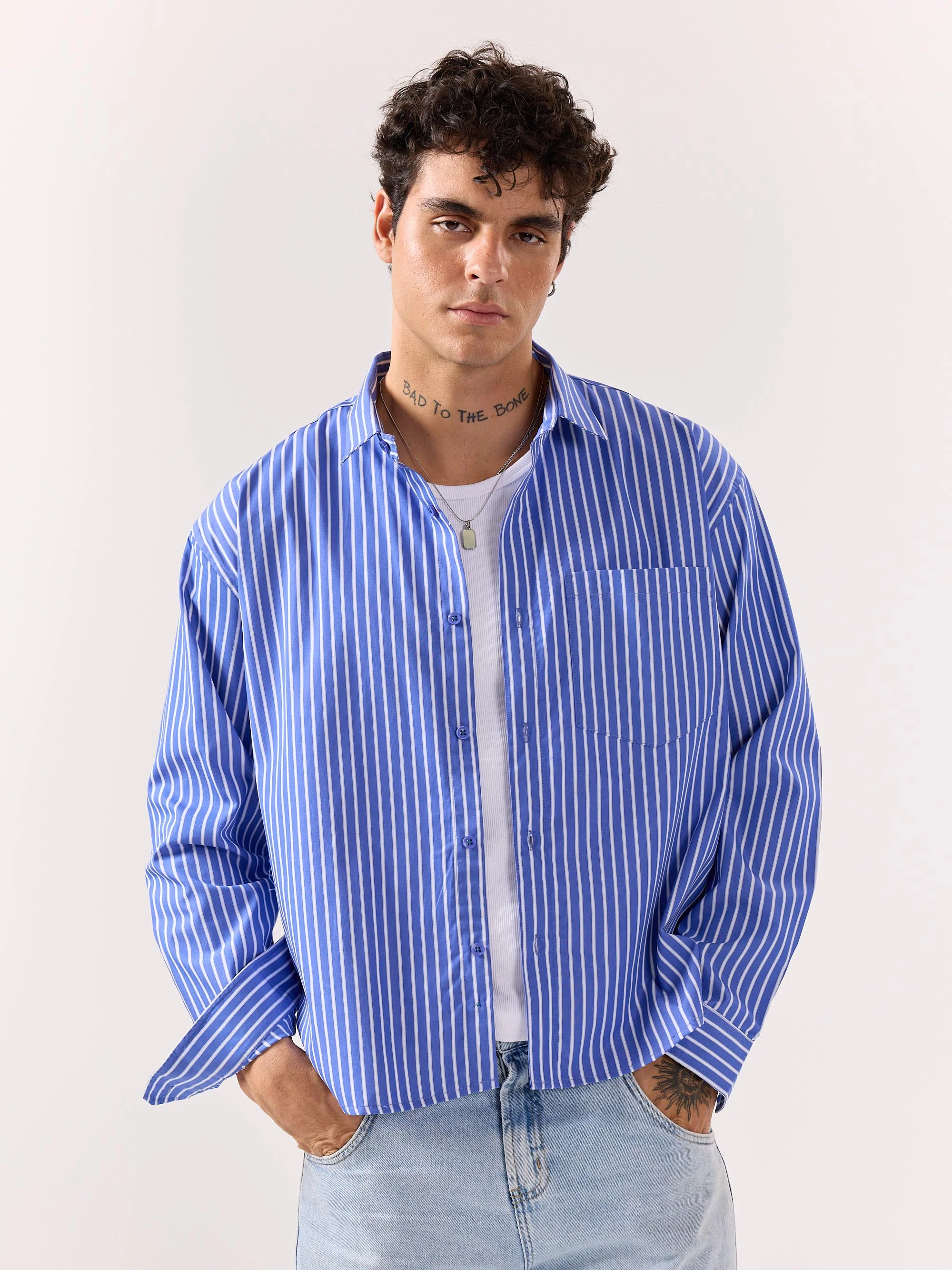 Royal Blue Striped Poplin Oversized Shirt - Image 3