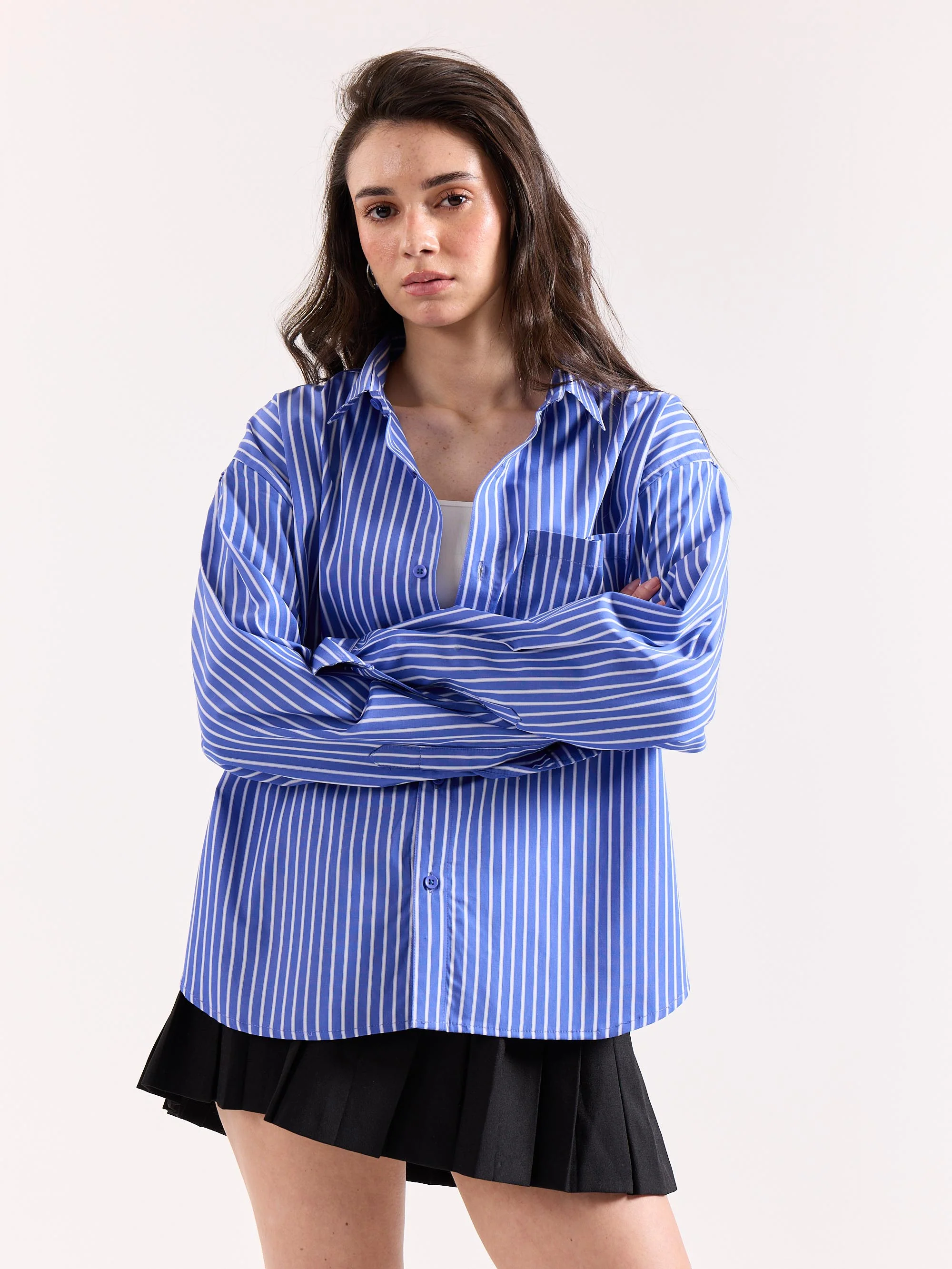 Royal Blue Striped Poplin Oversized Shirt - Image 4