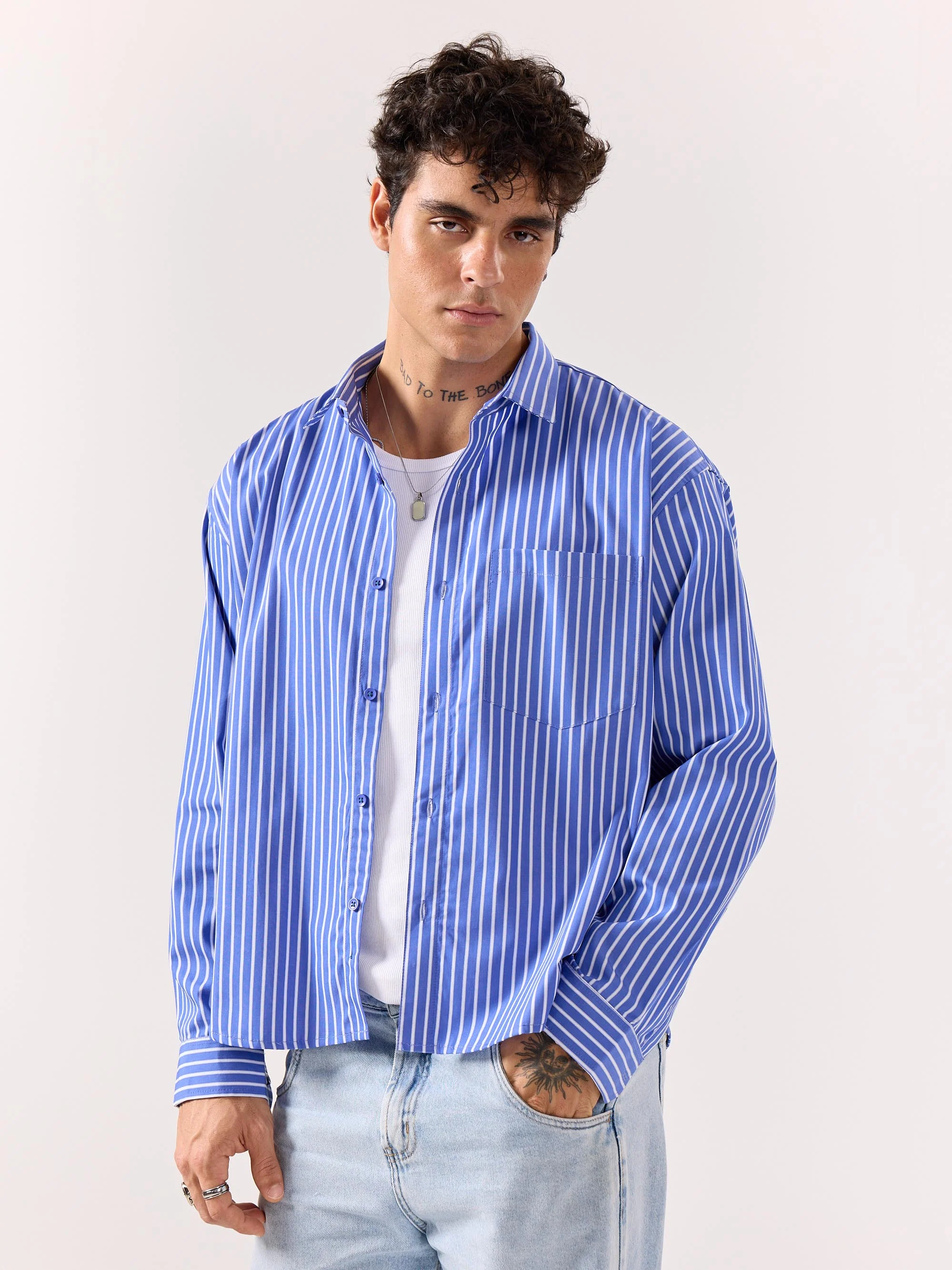 Royal Blue Striped Poplin Oversized Shirt - Image 6