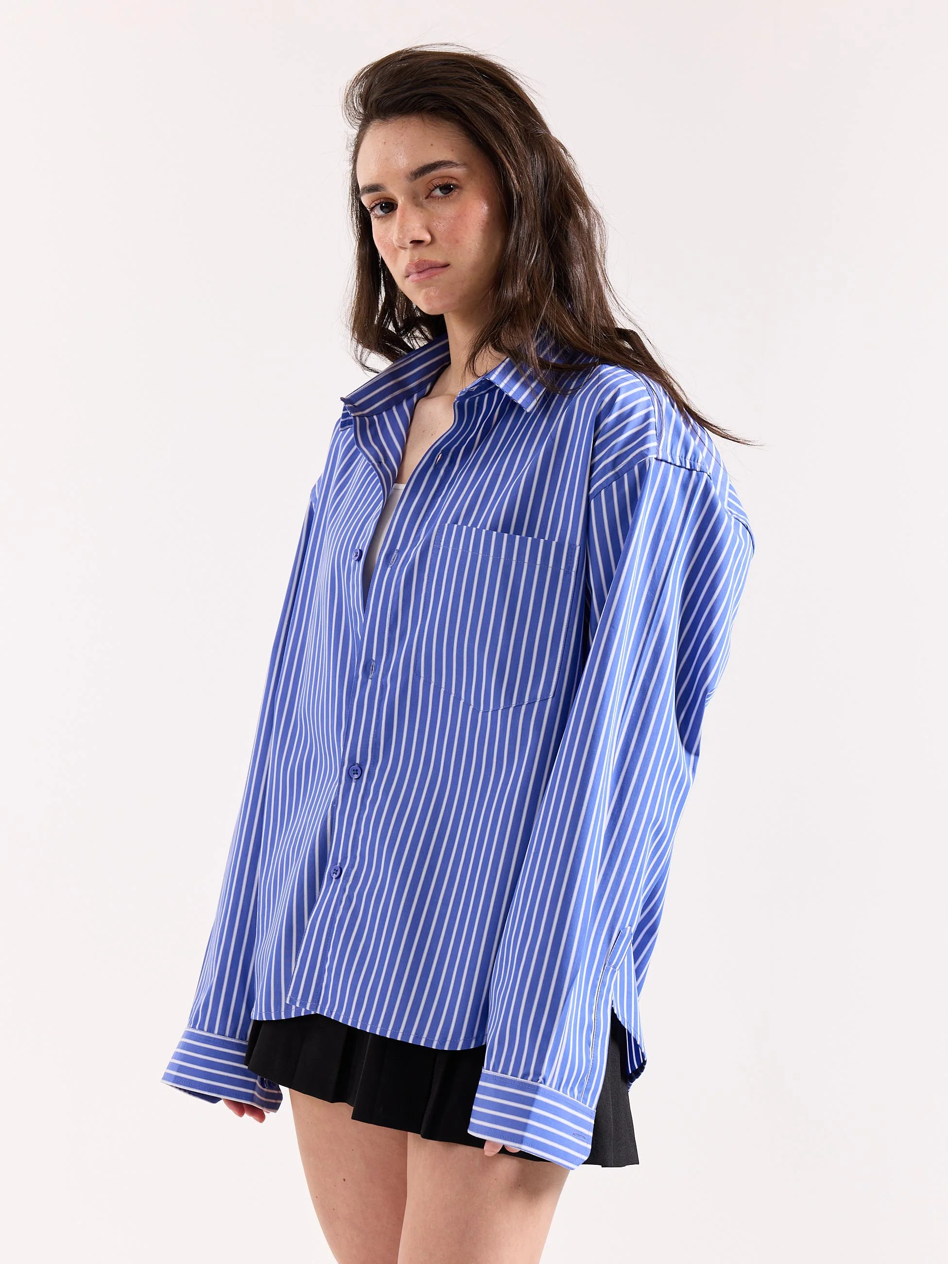 Royal Blue Striped Poplin Oversized Shirt - Image 7